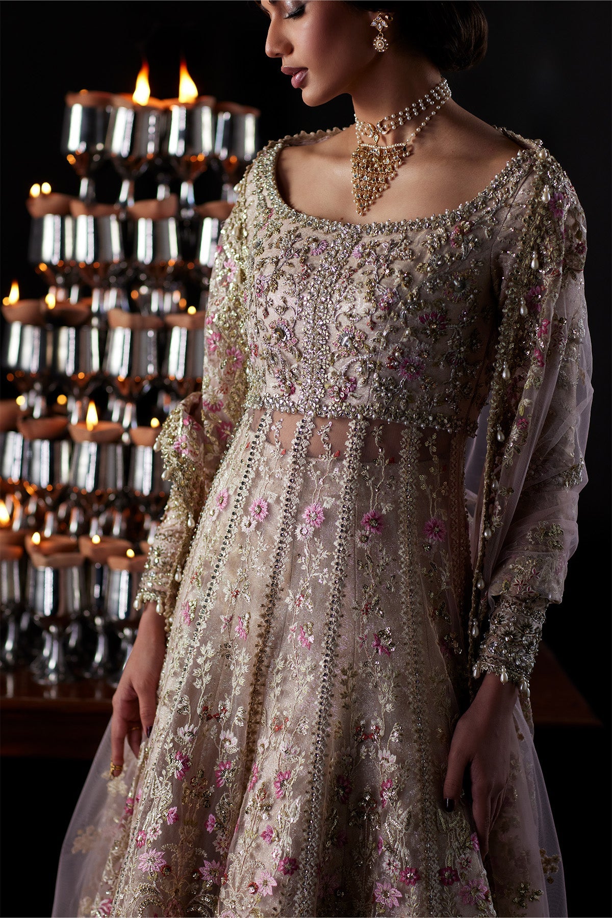 Saad Bin Shahzad Rina nude pink bridal outfit embroidered net detail