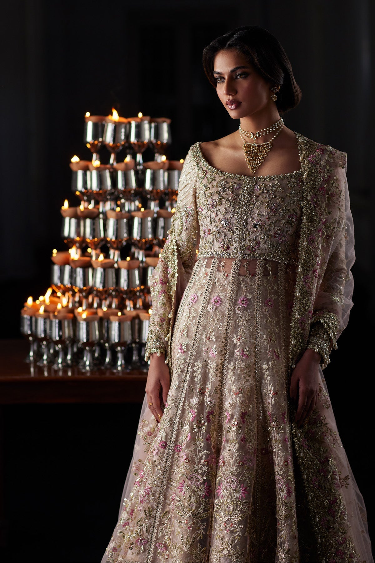 Saad Bin Shahzad Rina nude pink net bridal pishwas full look