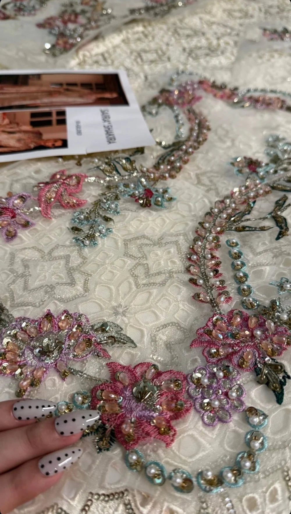 Saira Shakira – Gilded Style, pastel floral embroidery close-up