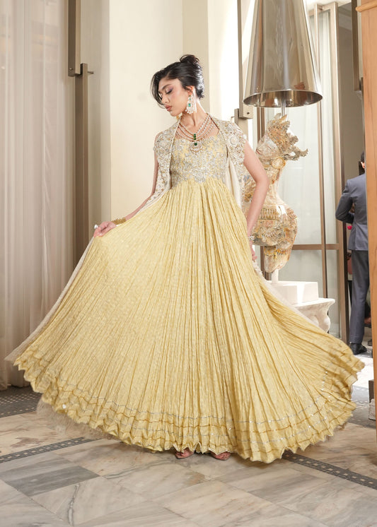 Saira Shakira Lunaire design reference — crushed lime-yellow skirt spread and embellished bodice