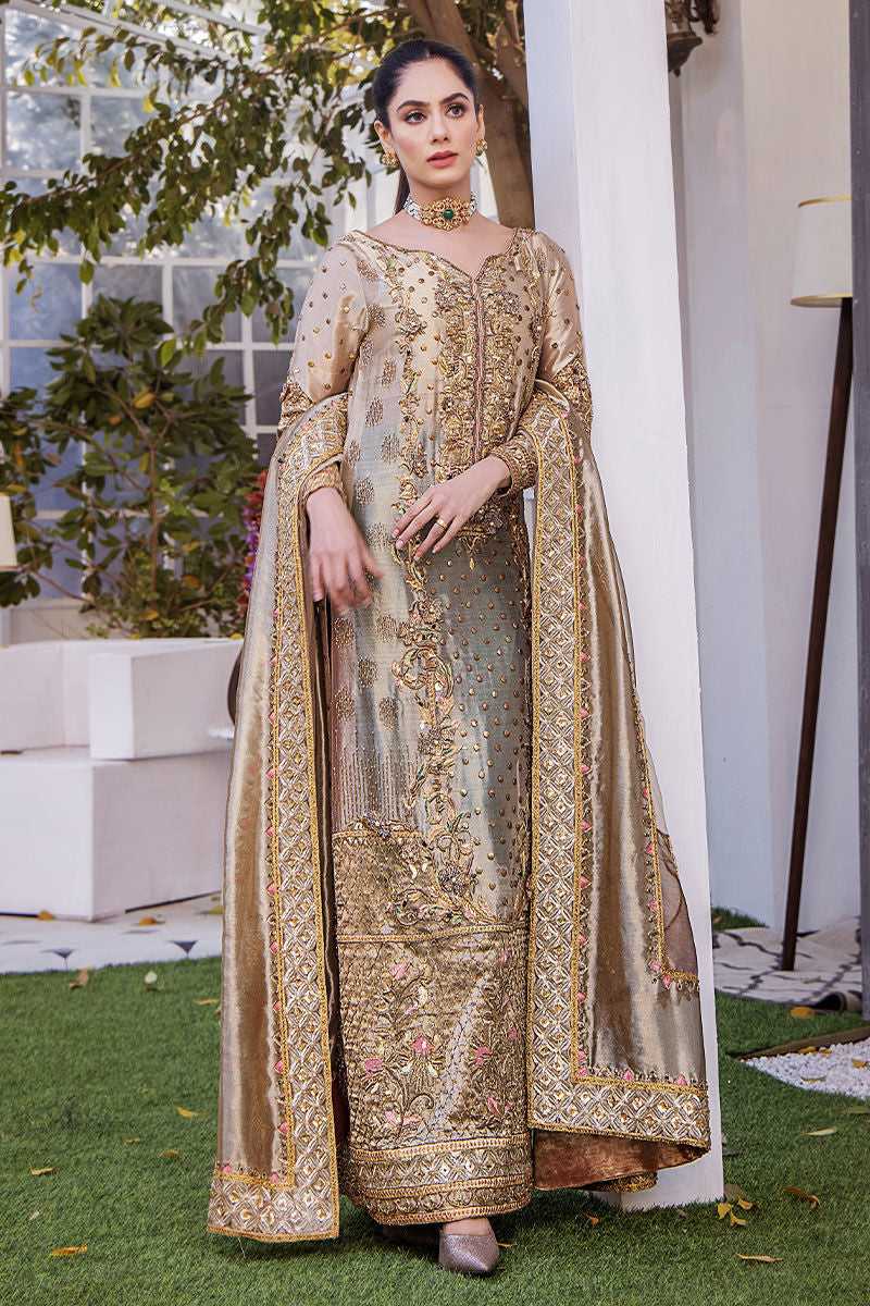 Shazia Kiyani Samar style — Mairaz golden bronze three-piece suit reference, view 1 of 7