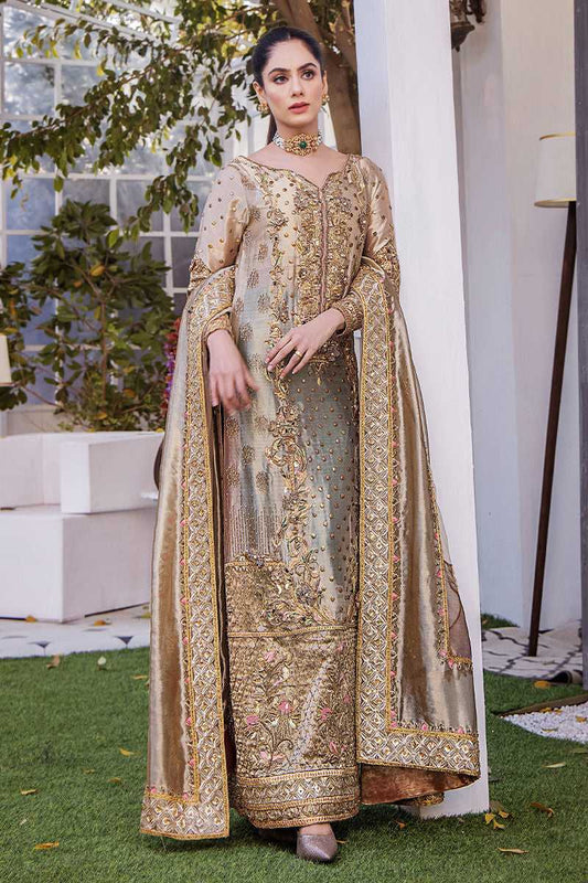 Shazia Kiyani Samar style — Mairaz golden bronze three-piece suit reference, view 1 of 7