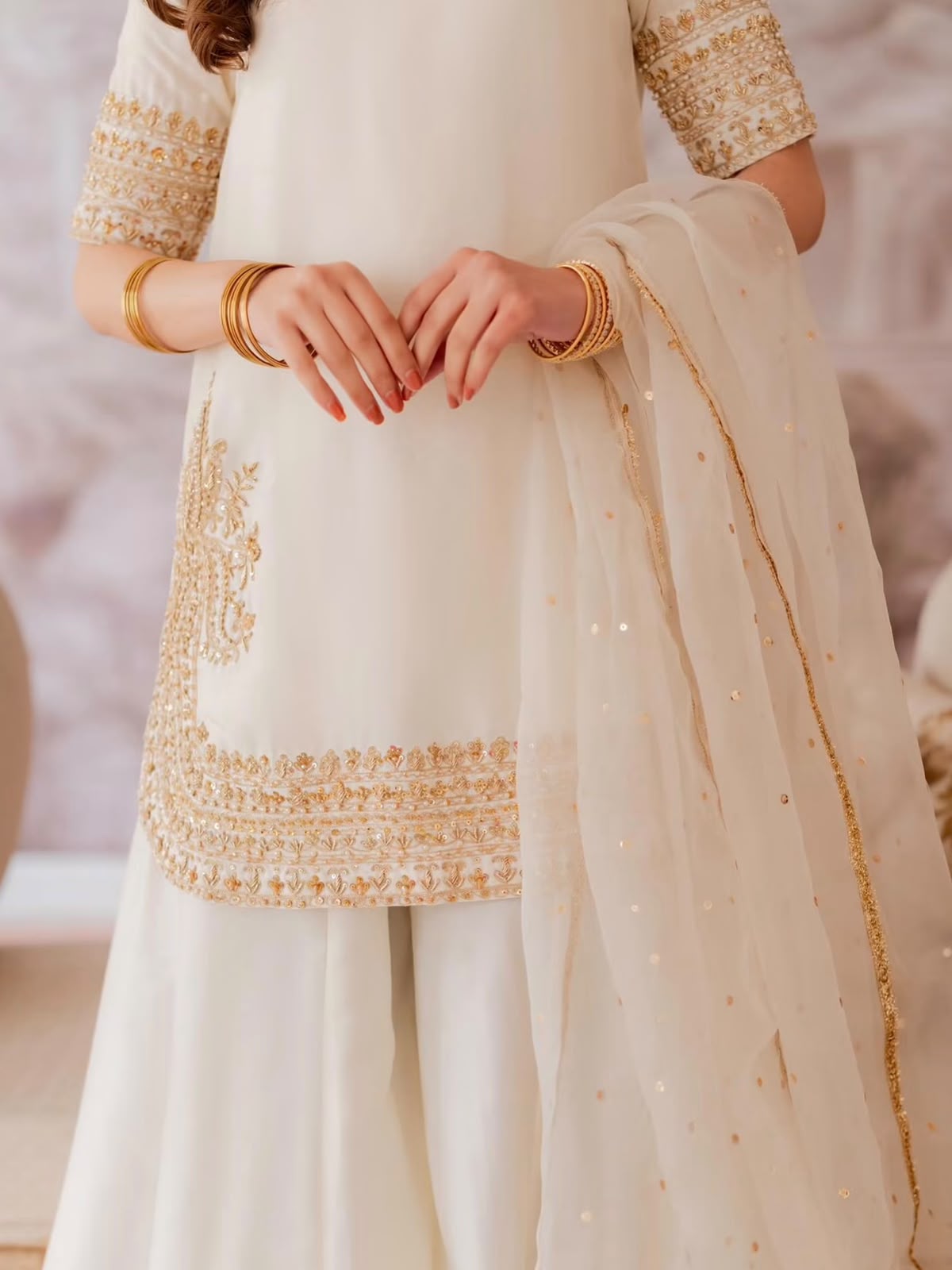 Shanzay & Anooshay White Sharara Style by MAIRAZ — close-up of shirt hem, sharara and sheer dupatta