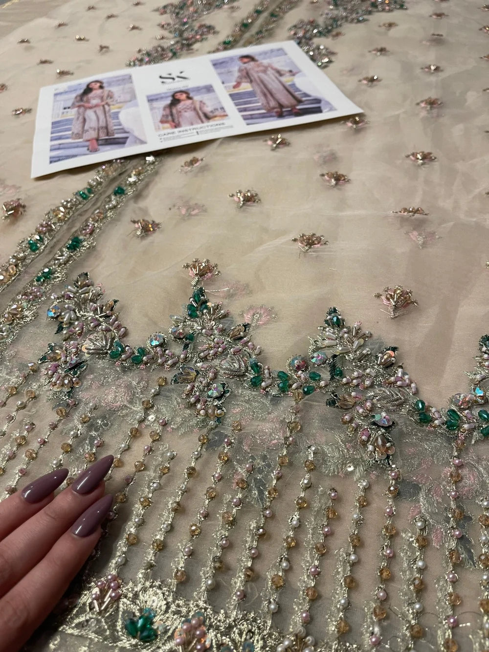 Shazia Kiyani – Shano Style, green and gold embroidery detail
