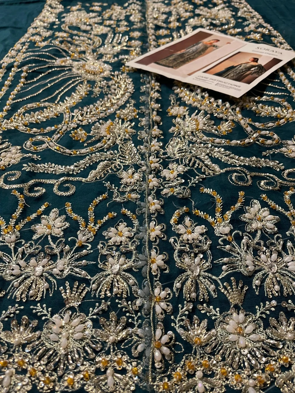 Soraya – Luxe Style, teal embroidered fabric with design reference card