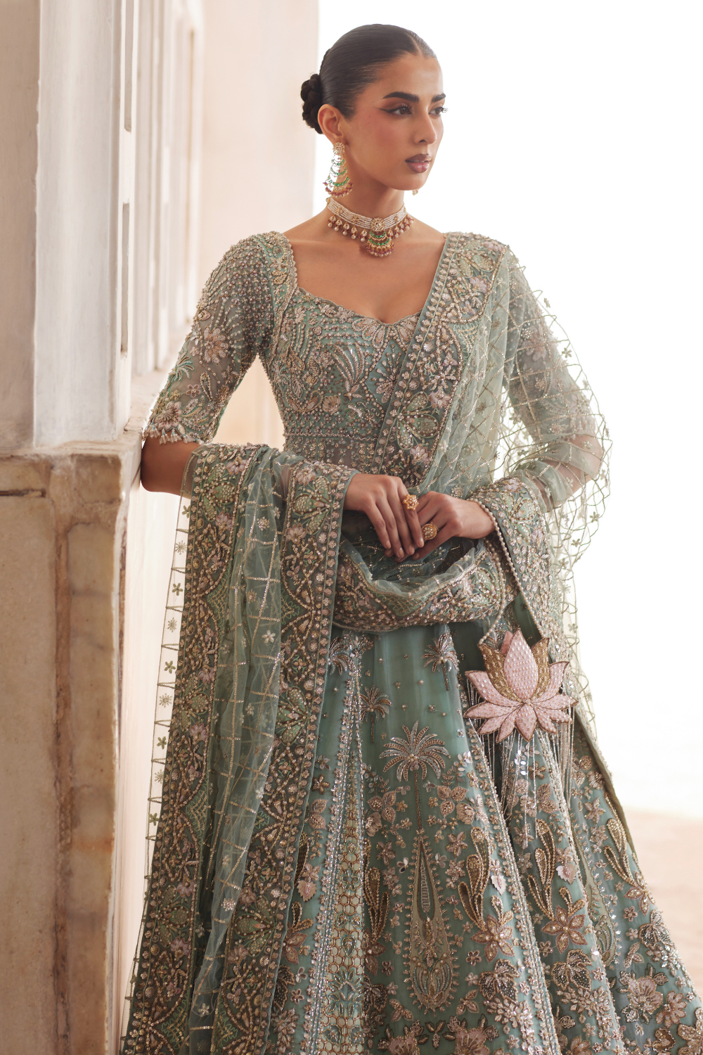 Soraya Mahra Mint green with multicolour accents — bodice and dupatta, design reference