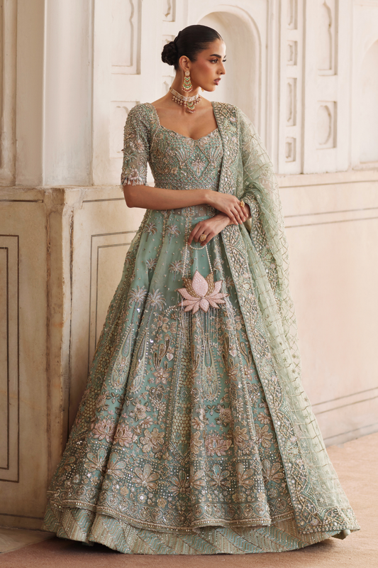 Mahra Mint green with multicolour accents, full front, design reference