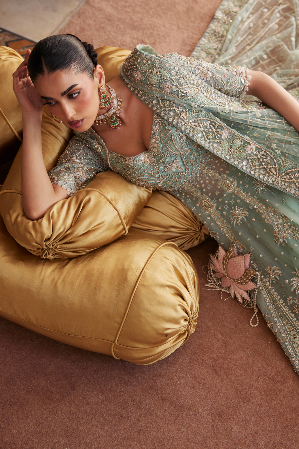 Soraya Mahra Mint green with multicolour accents — lehenga detail, design reference