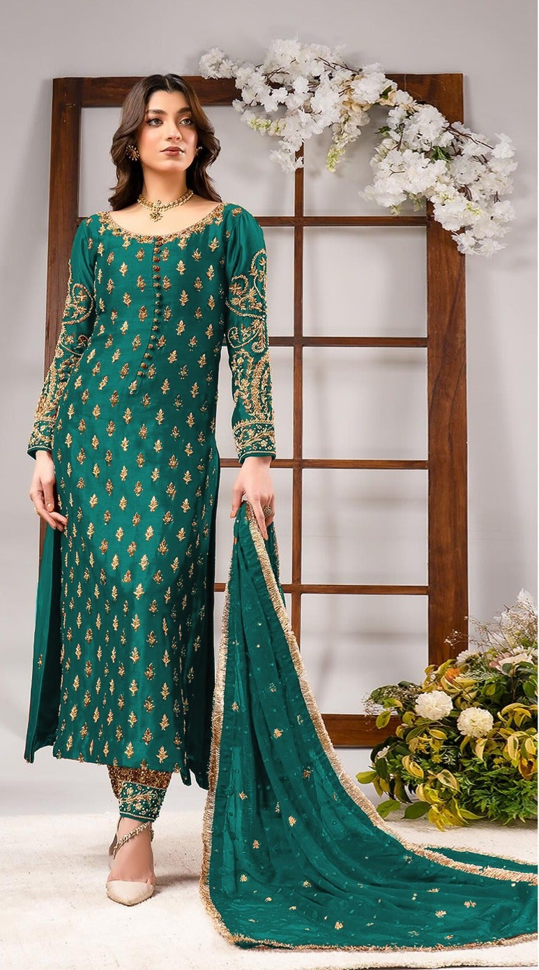 Ahmad Sultan Style — Mairaz Tangerine & Green Three-Piece Suit, product view 1 of 2