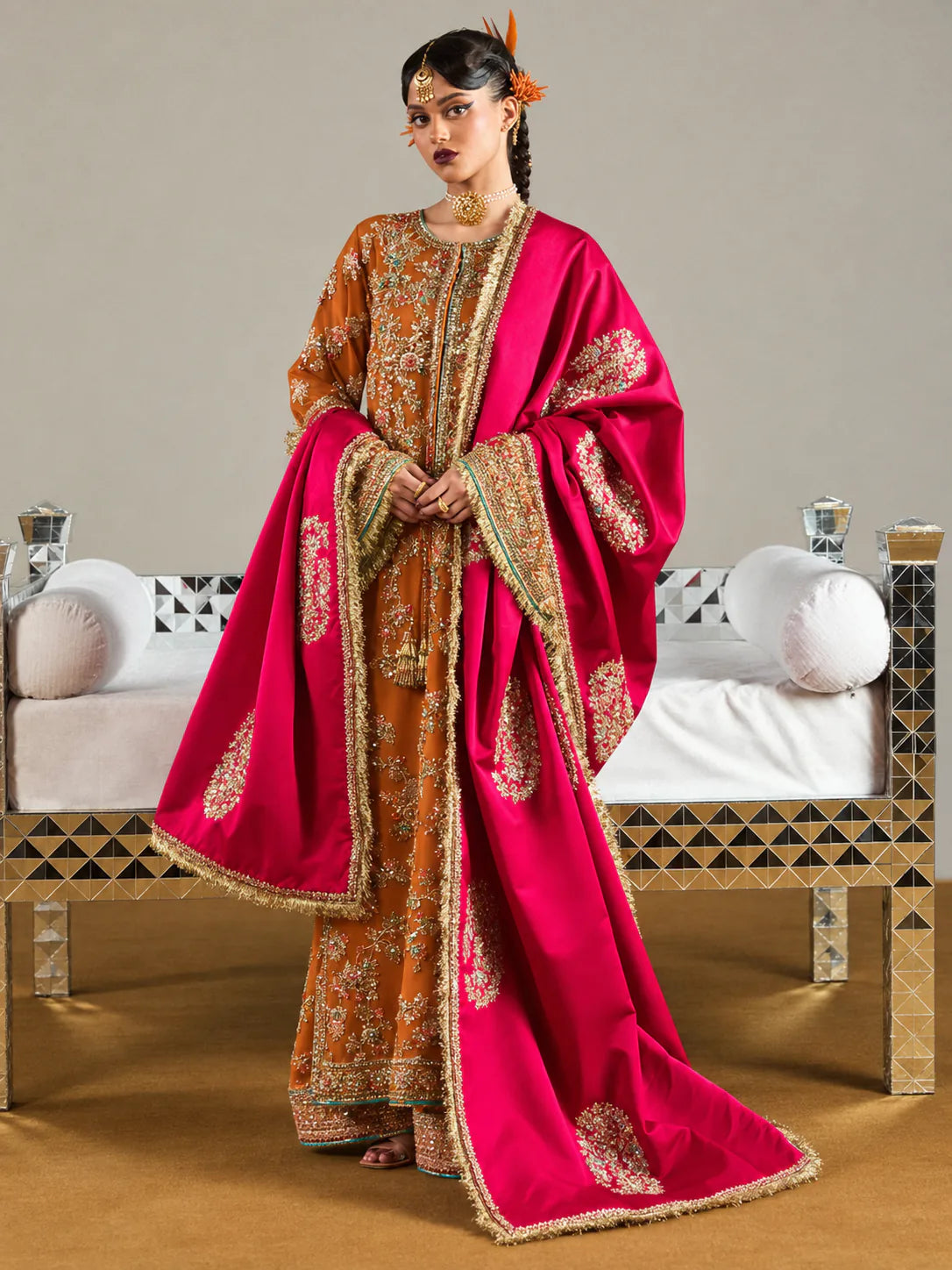 Hussain Rehar – Ruphali (Burnt Orange) full front outfit view