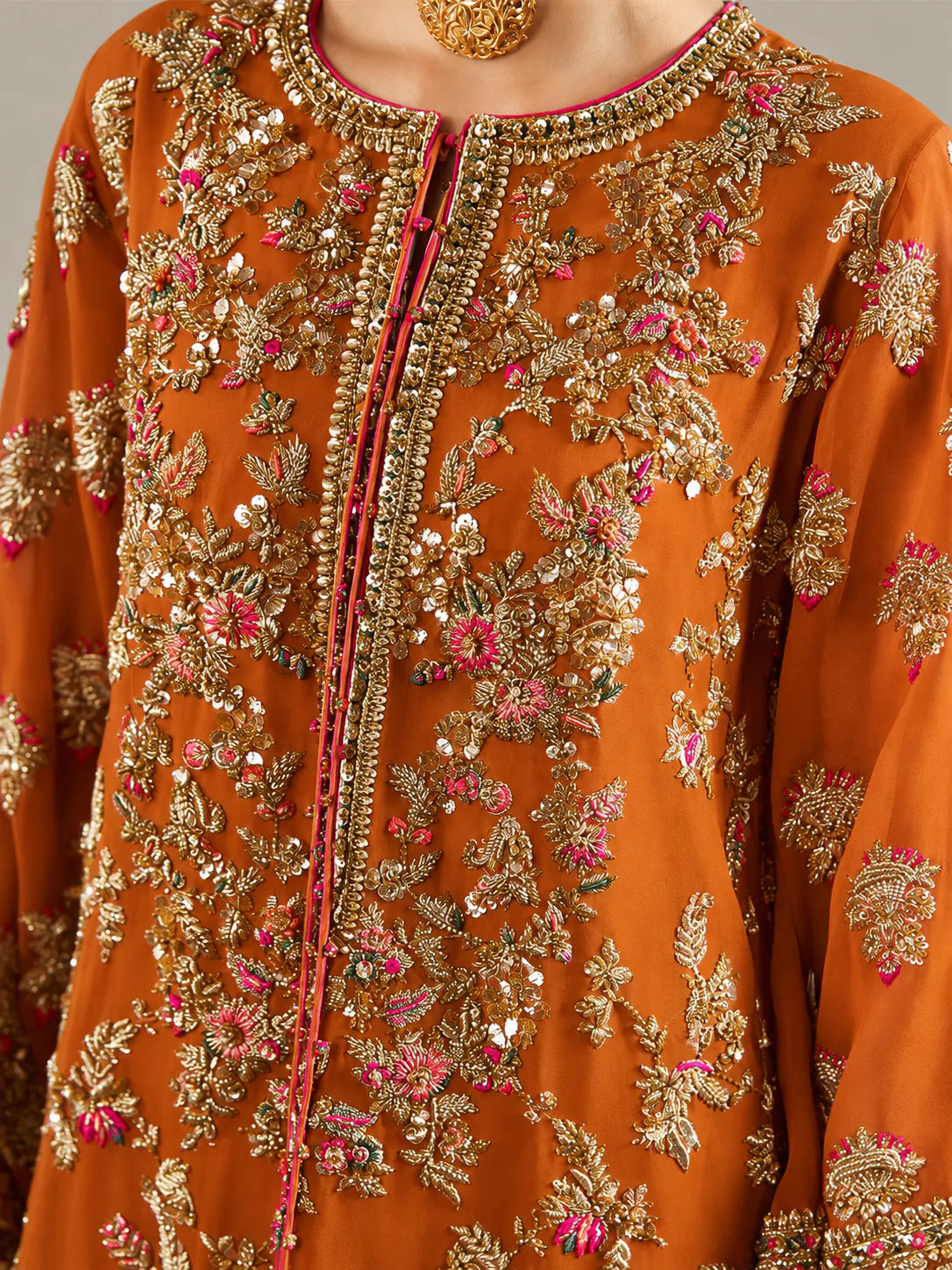 Hussain Rehar – Ruphali (Burnt Orange) organza shirt embroidery detail