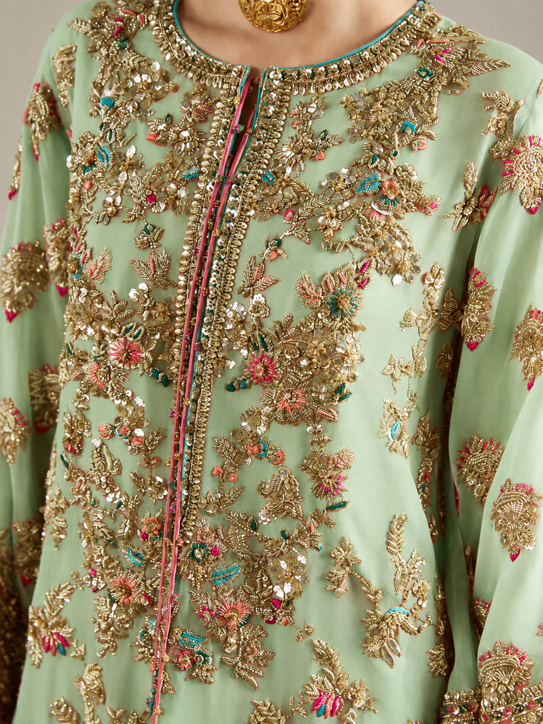 Hussain Rehar – Ruphali (Mint Green) organza shirt embroidery detail