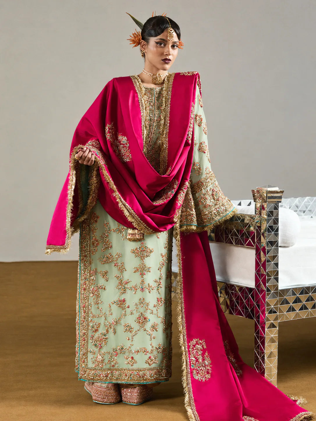 Hussain Rehar – Ruphali (Mint Green) raw silk shalwar detail
