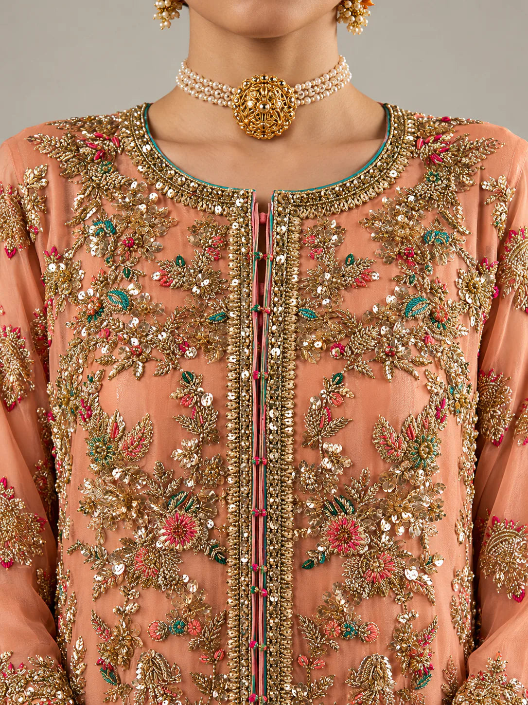 Hussain Rehar – Ruphali (Peach) organza shirt embroidery detail