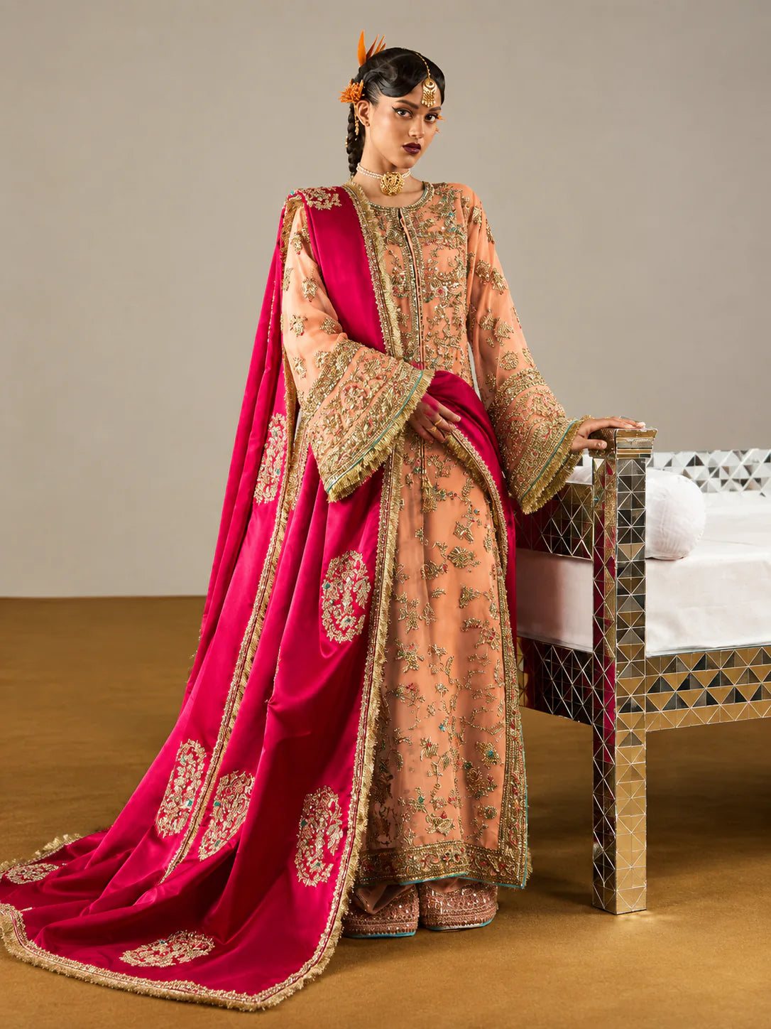 Hussain Rehar – Ruphali (Peach) raw silk shalwar detail
