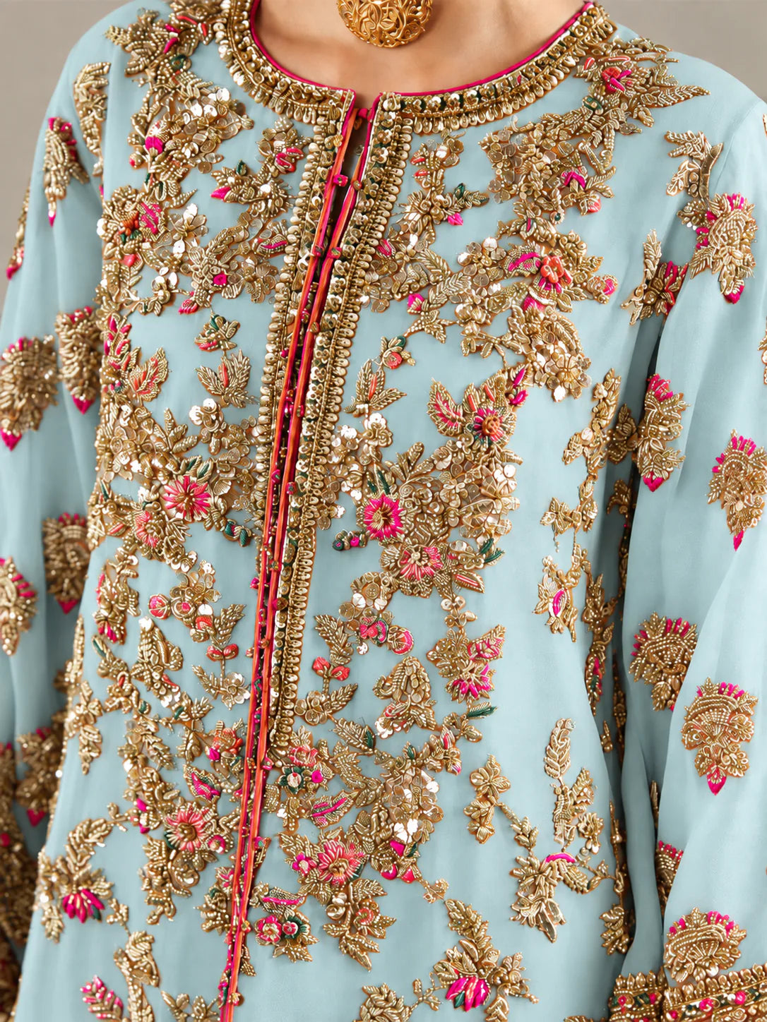 Hussain Rehar – Ruphali (Powder Blue) organza shirt embroidery detail