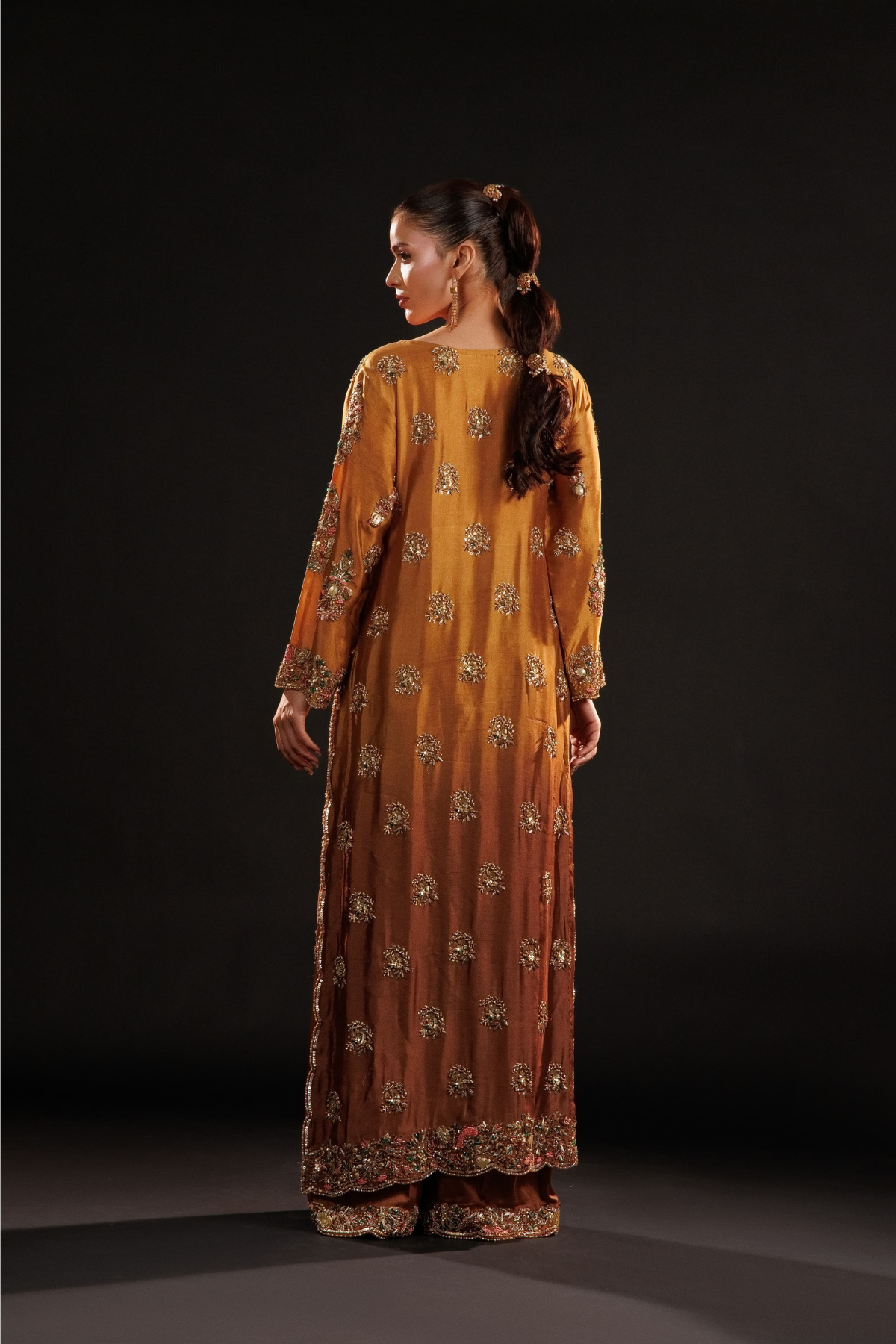 Usama Silk Amber Royale amber-gold formal — back view, source design reference