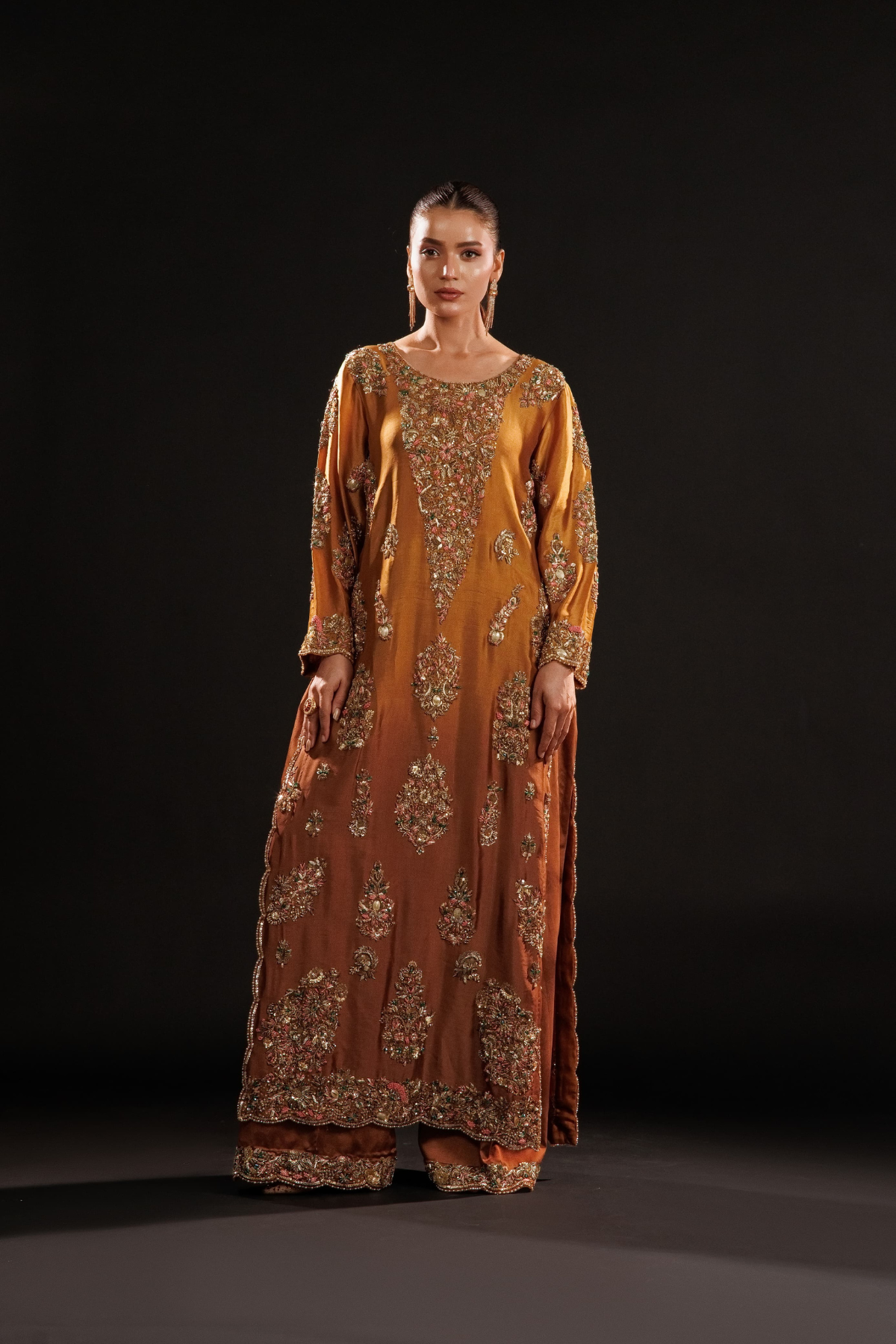 Usama Silk Amber Royale amber-gold formal — full front, source design reference