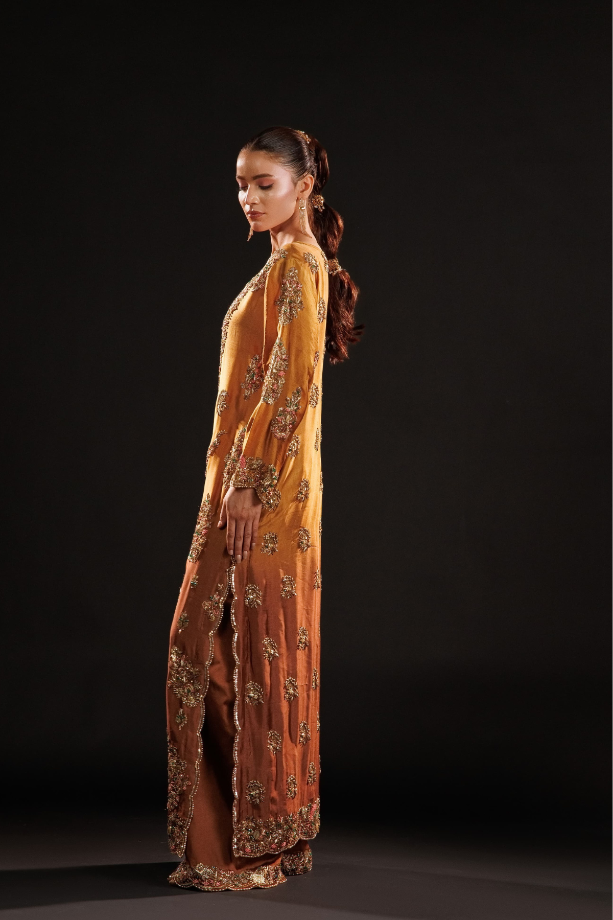 Usama Silk Amber Royale amber-gold formal — side silhouette, source design reference
