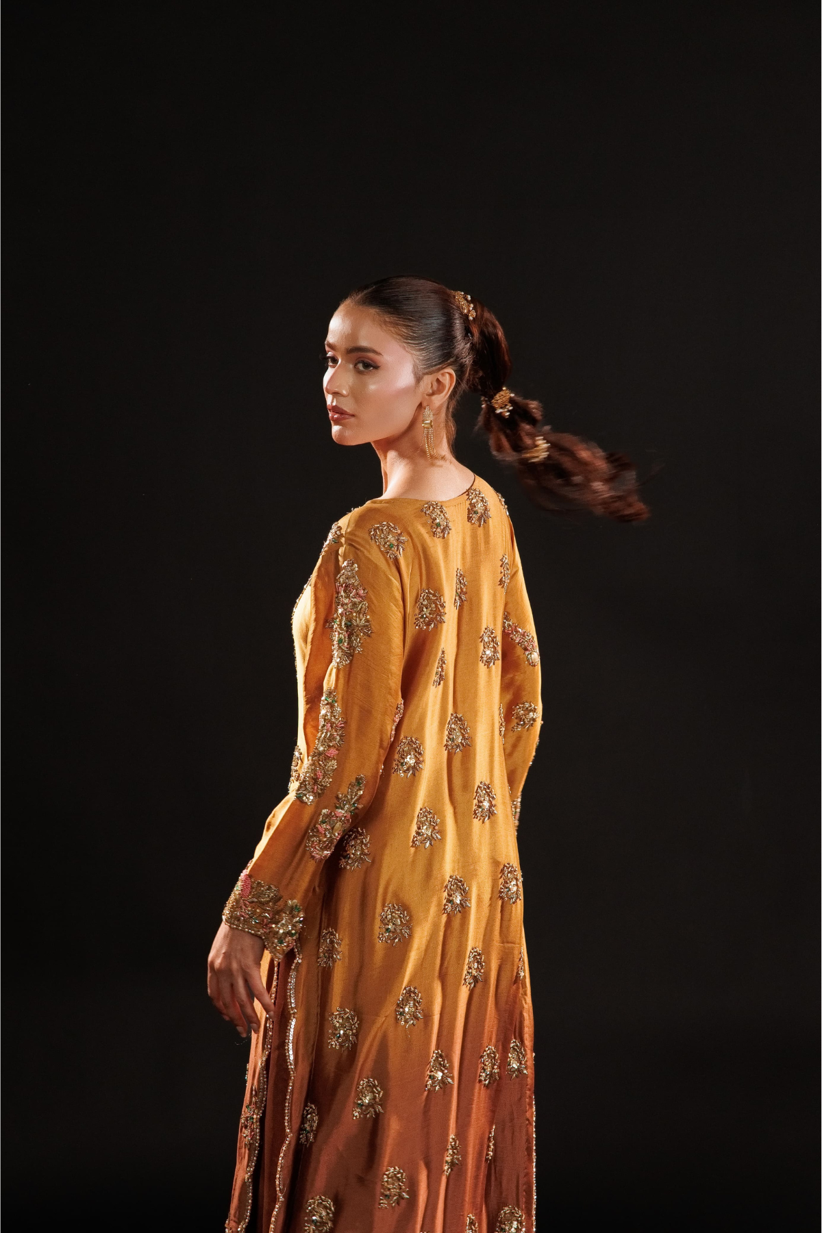Usama Silk Amber Royale amber-gold formal — upper back detail, source design reference