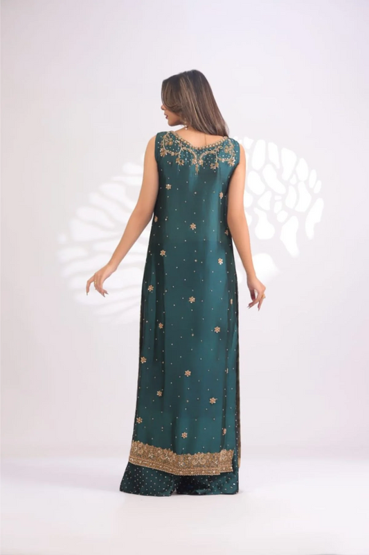 Usama Silk Teal Luxe Style back model view
