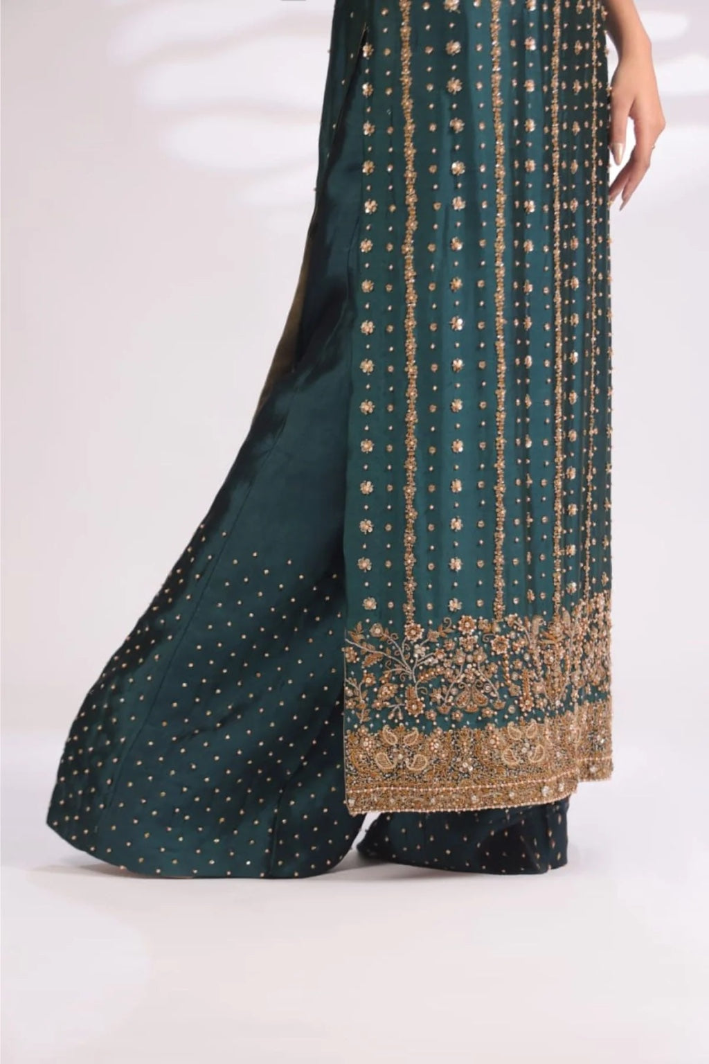 Usama Silk Teal Luxe Style trouser and hem detail