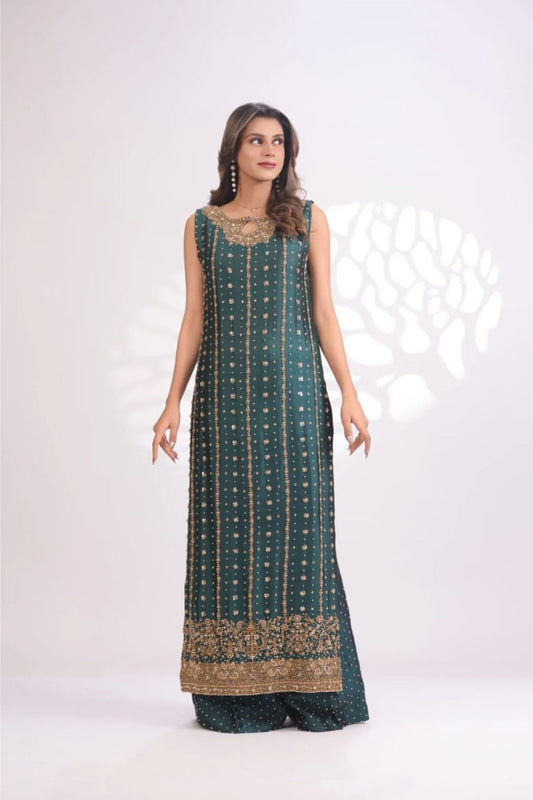 Usama Silk Teal Luxe Style front model view