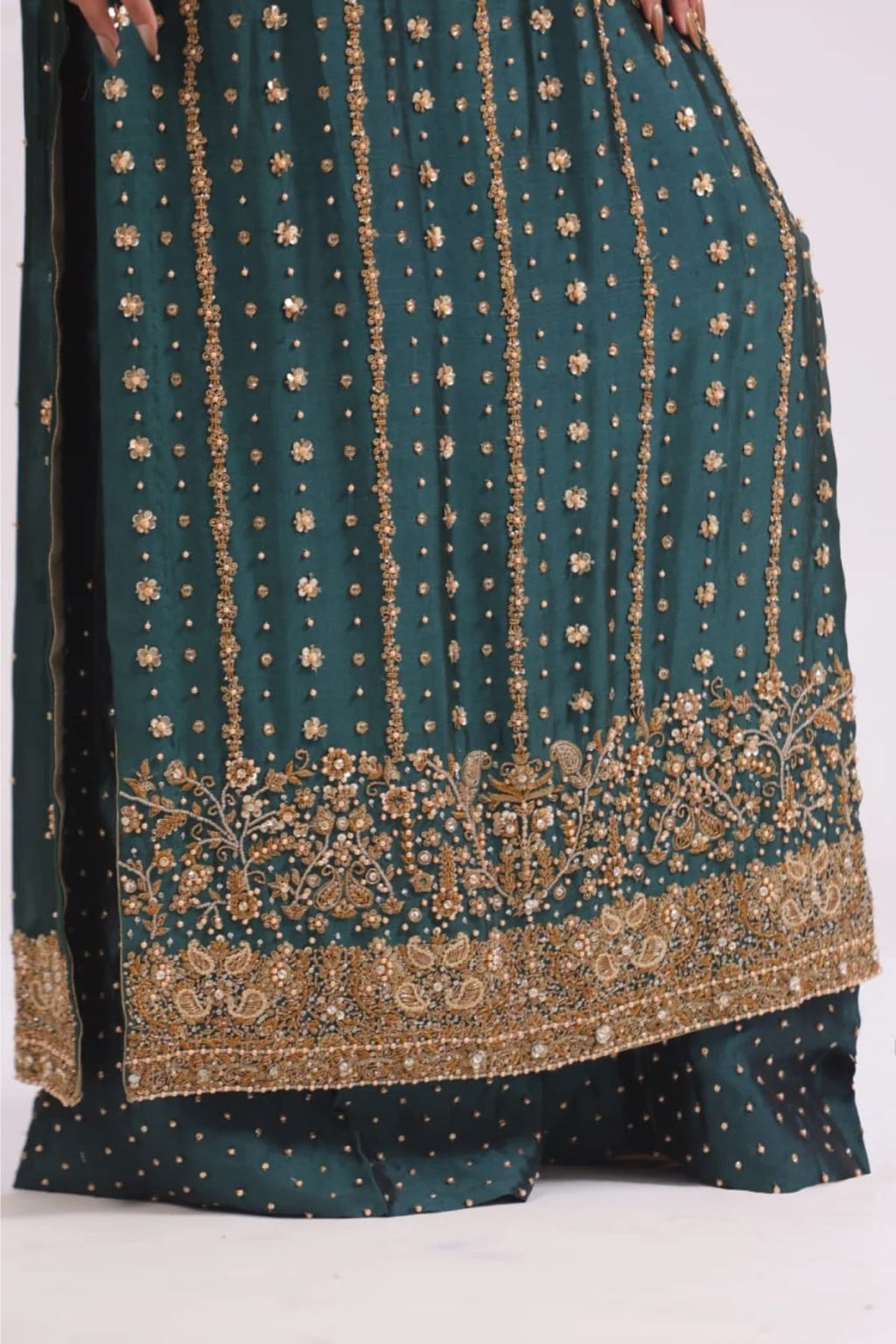 Usama Silk Teal Luxe Style hem embellishment detail
