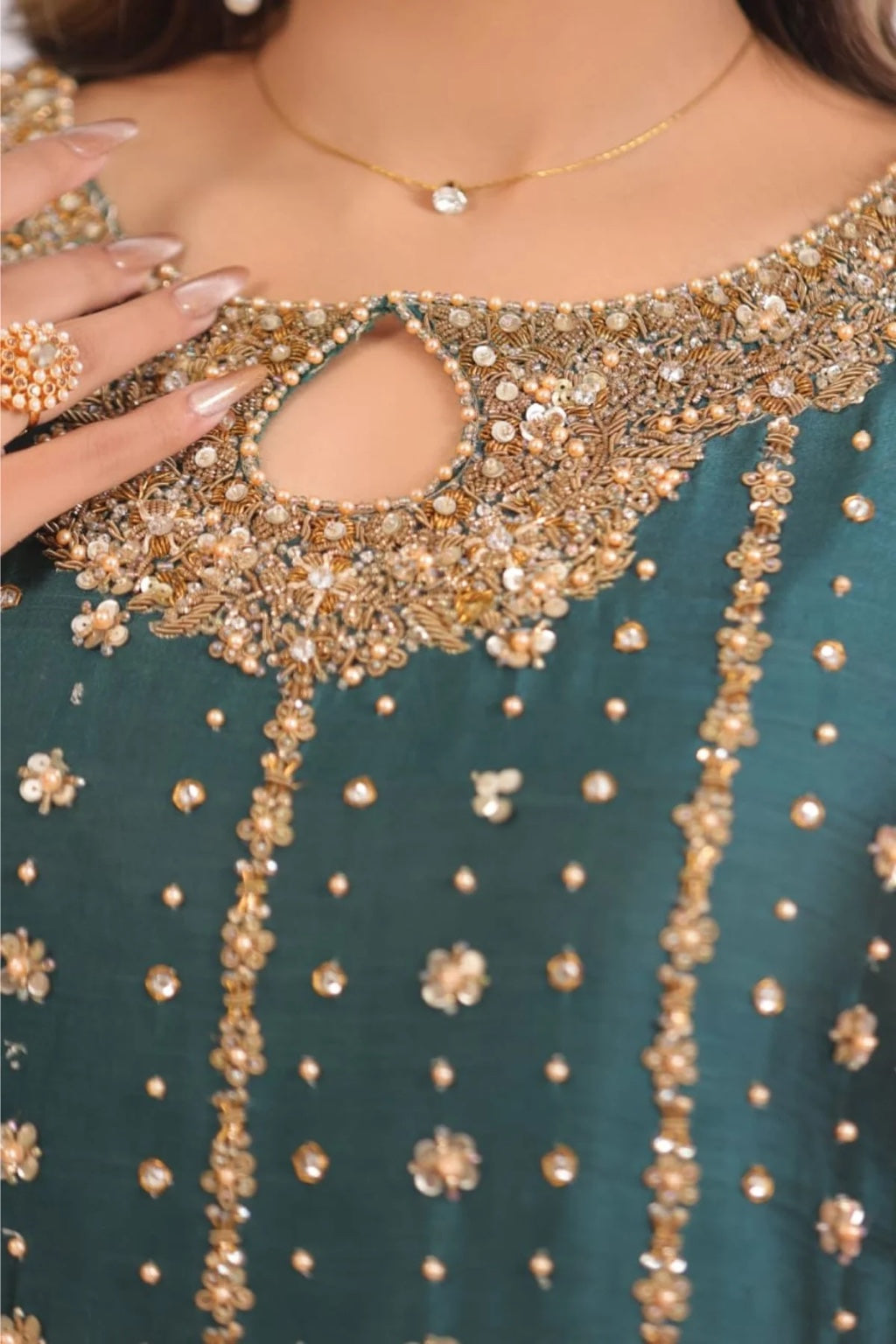 Usama Silk Teal Luxe Style neckline embellishment detail
