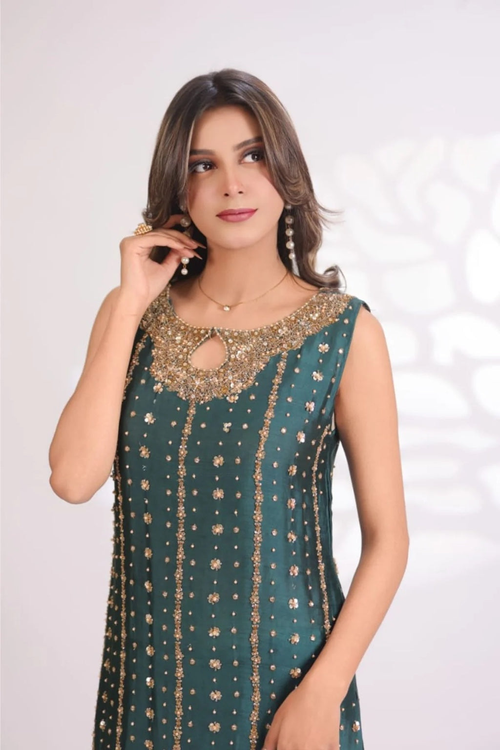 Usama Silk Teal Luxe Style portrait model view