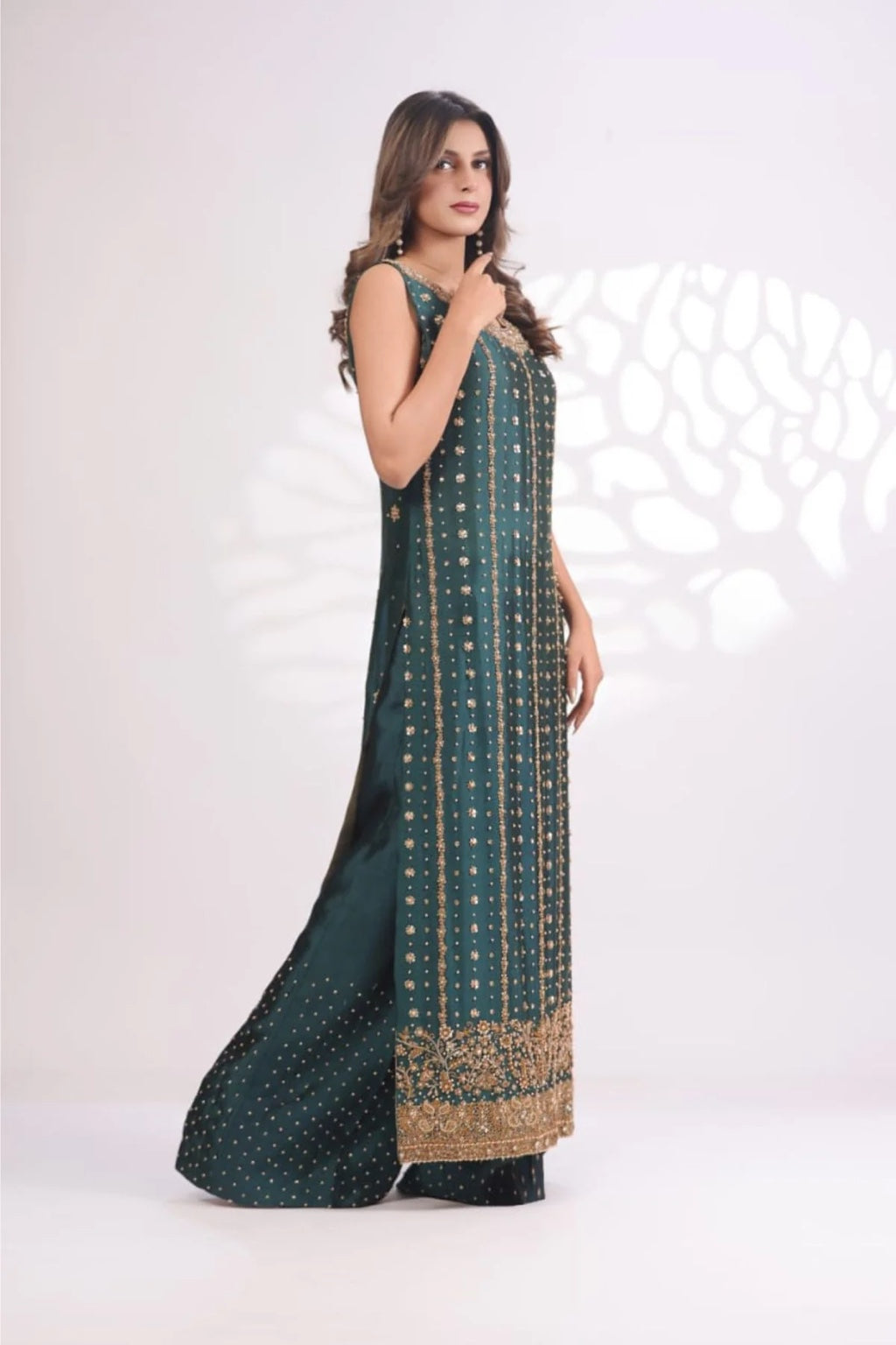 Usama Silk Teal Luxe Style side model view