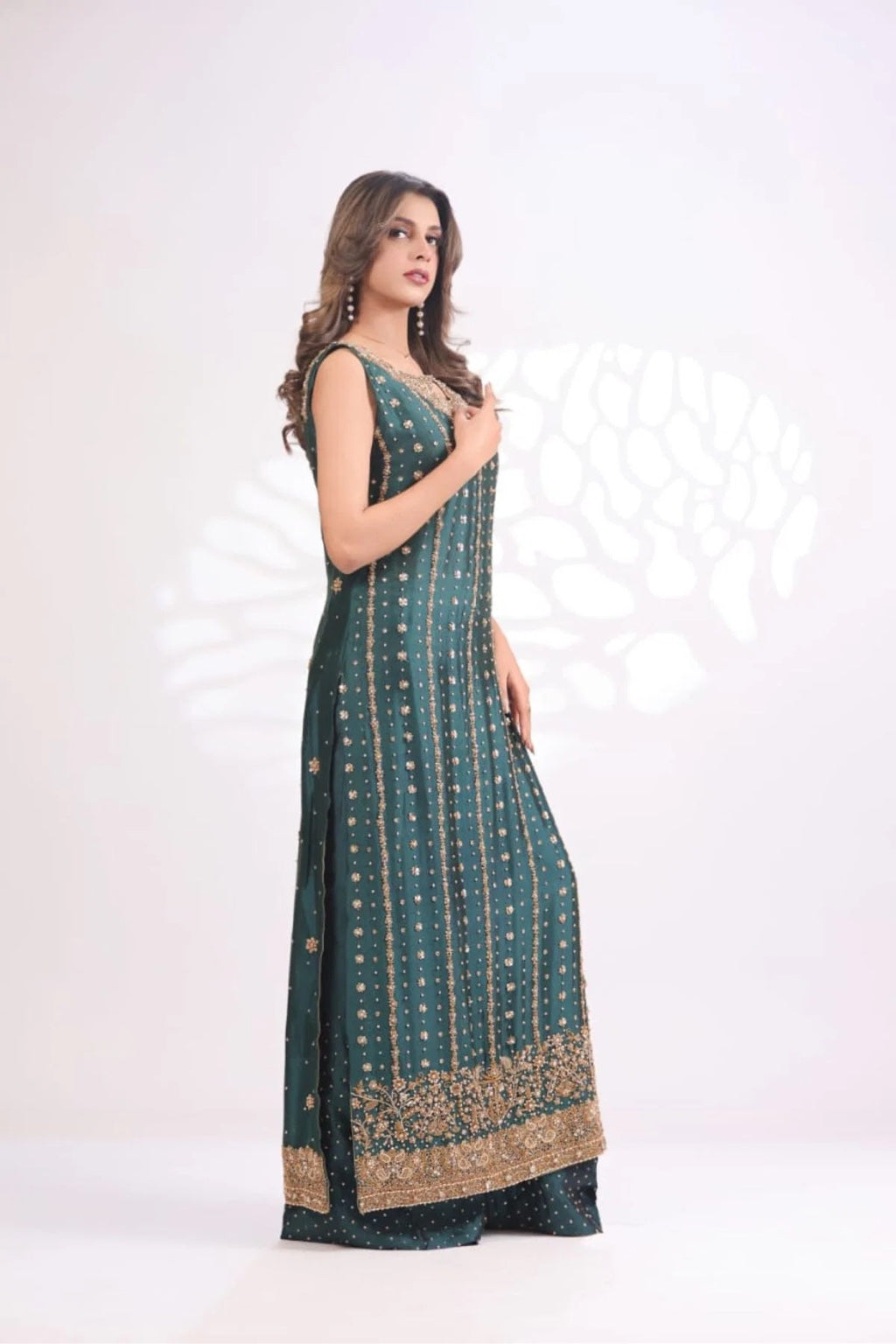 Usama Silk Teal Luxe Style three quarter model view