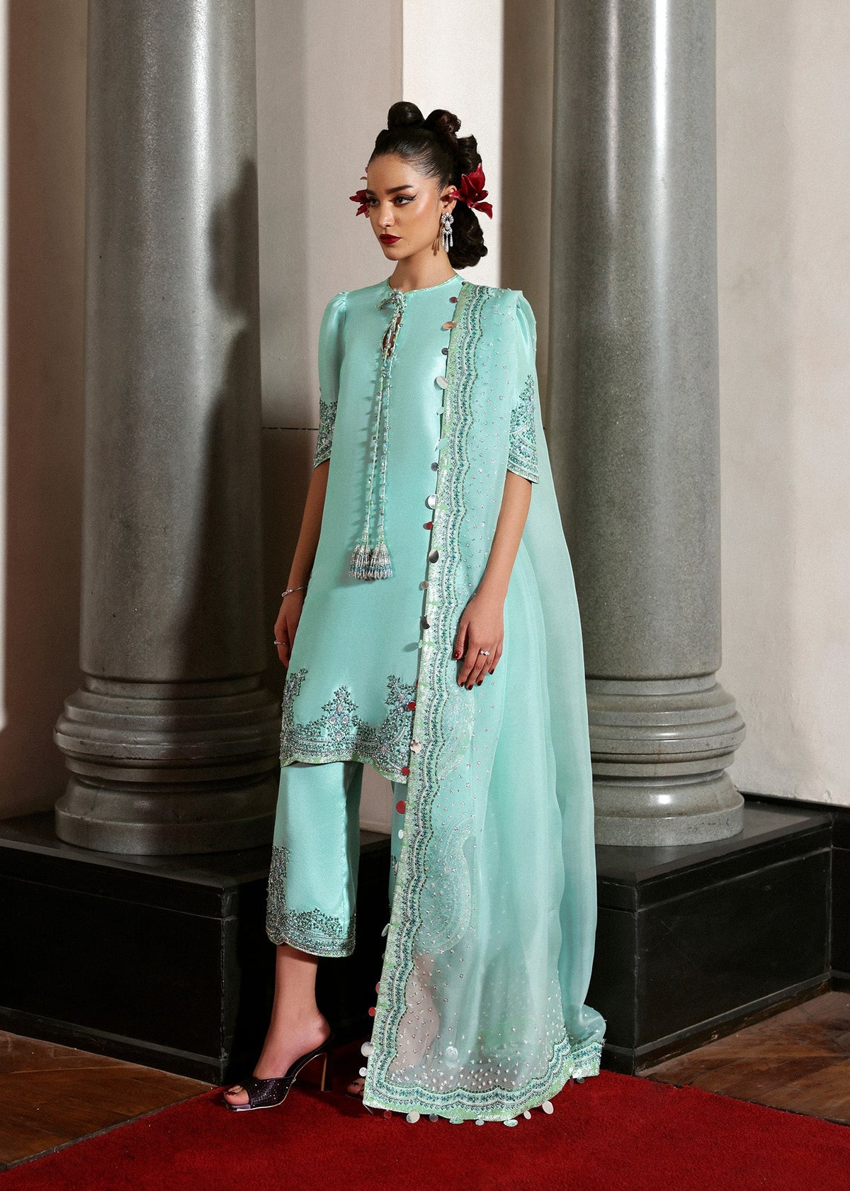 Hussain Rehar Mynt style — Mairaz mint blue three-piece suit reference, view 1 of 5