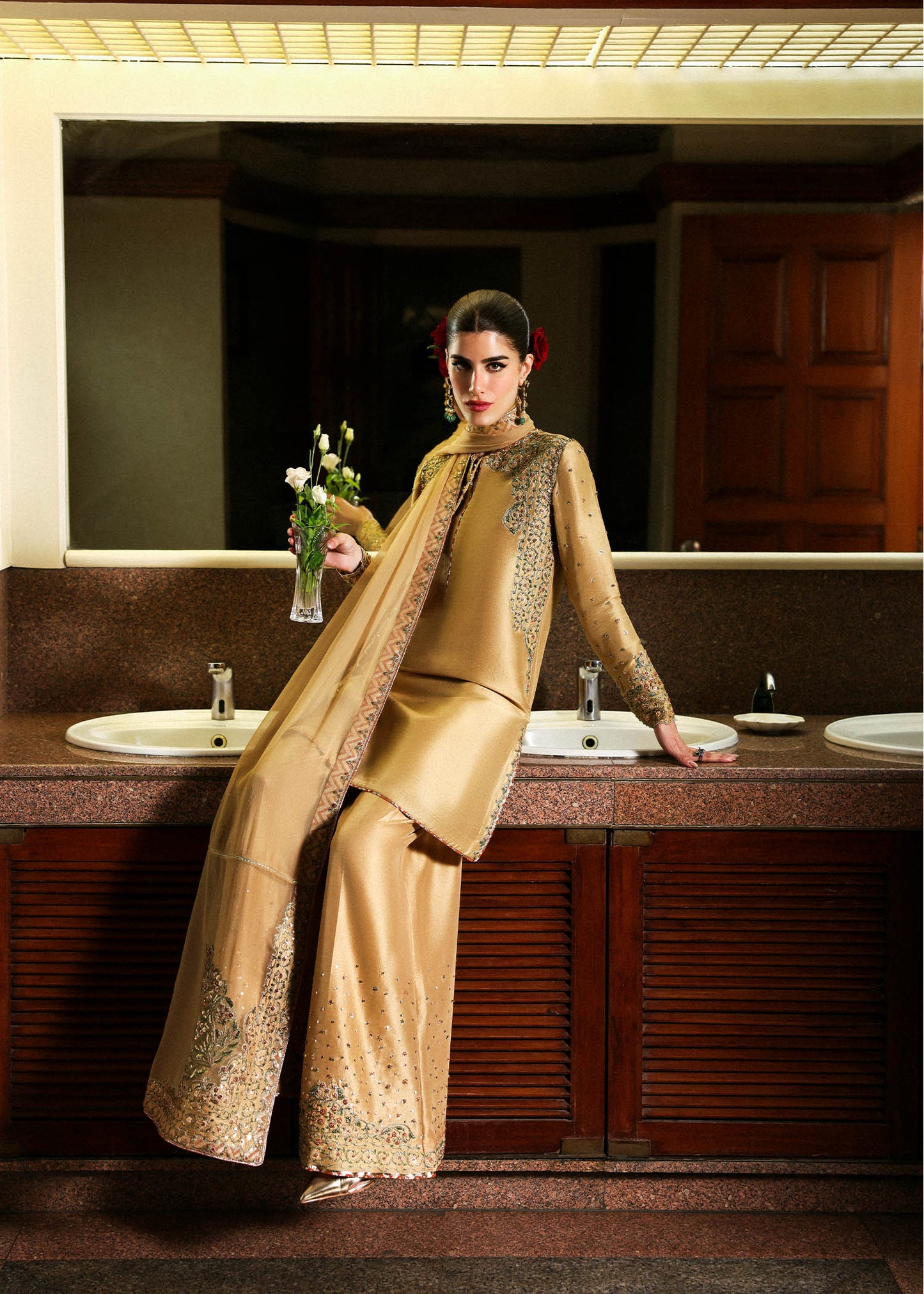 Hussain Rehar Delune style — Mairaz gold three-piece suit reference, view 2 of 4