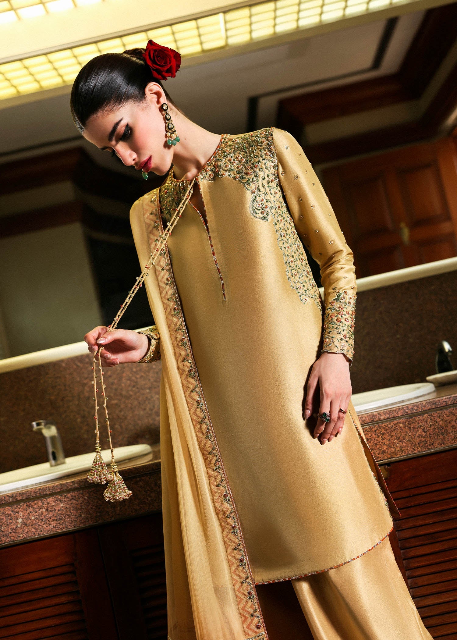 Hussain Rehar Delune style — Mairaz gold three-piece suit reference, view 3 of 4