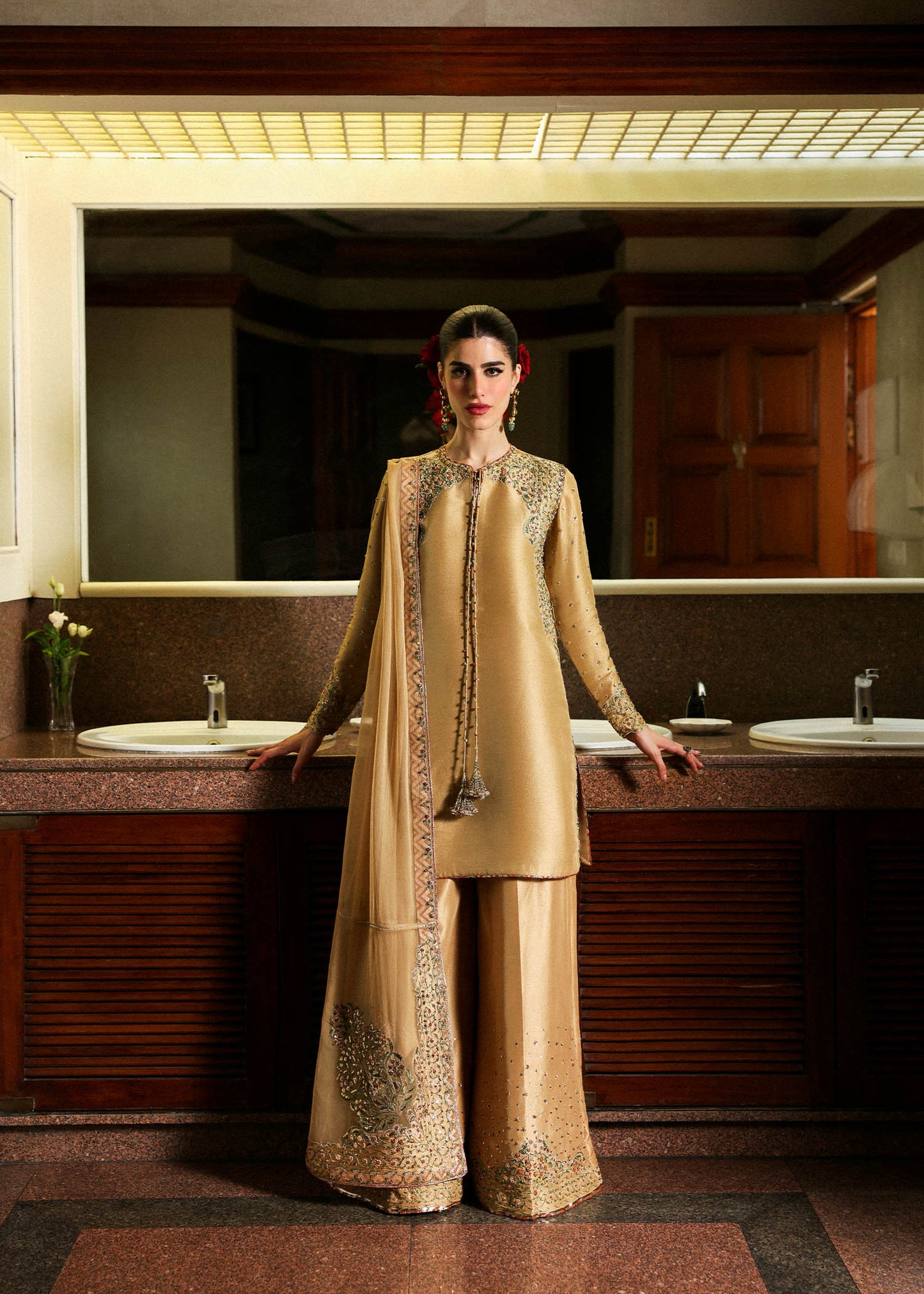 Hussain Rehar Delune style — Mairaz gold three-piece suit reference, view 1 of 4