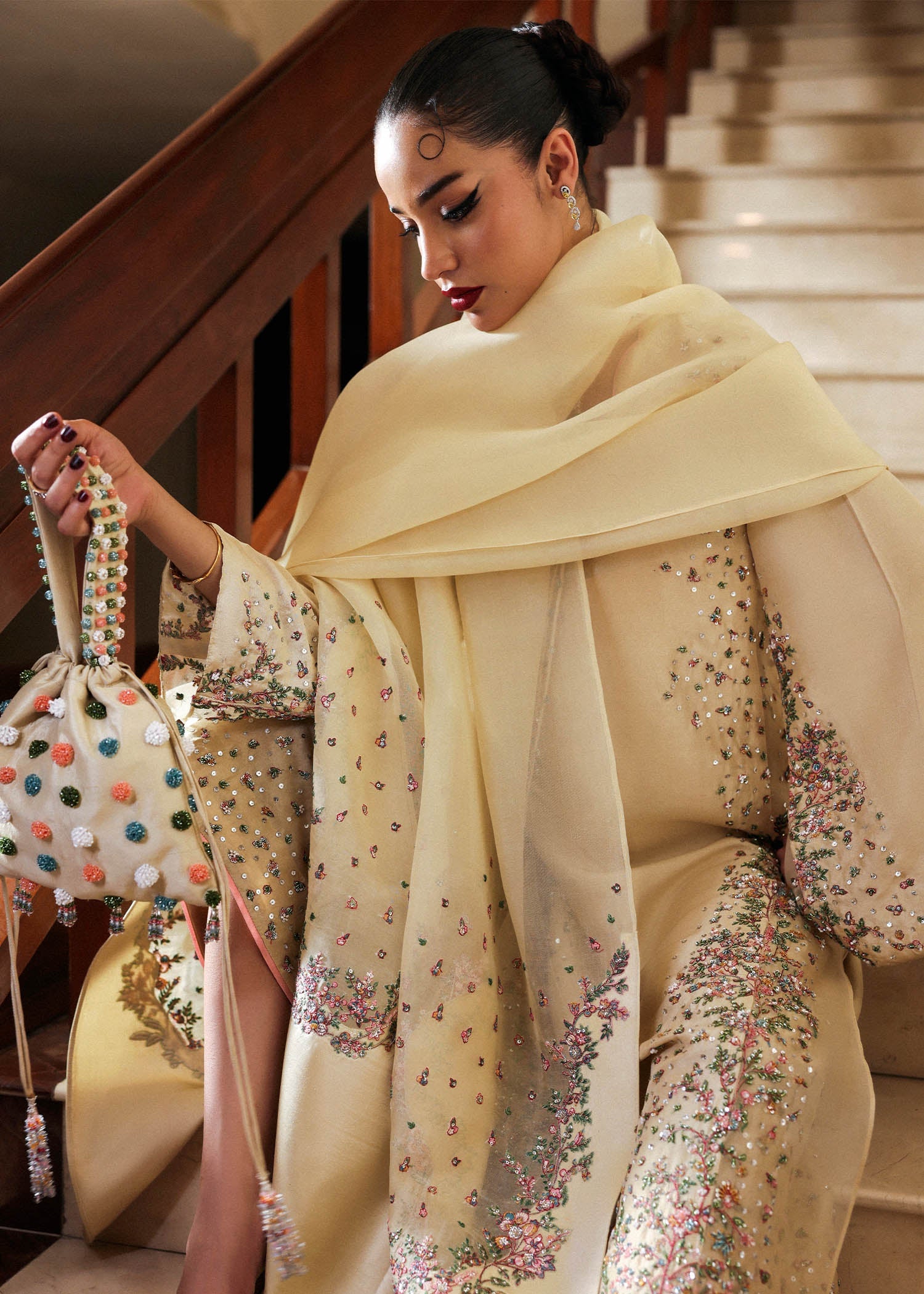 Hussain Rehar Ciel style — Mairaz butter yellow three-piece suit reference, view 5 of 7