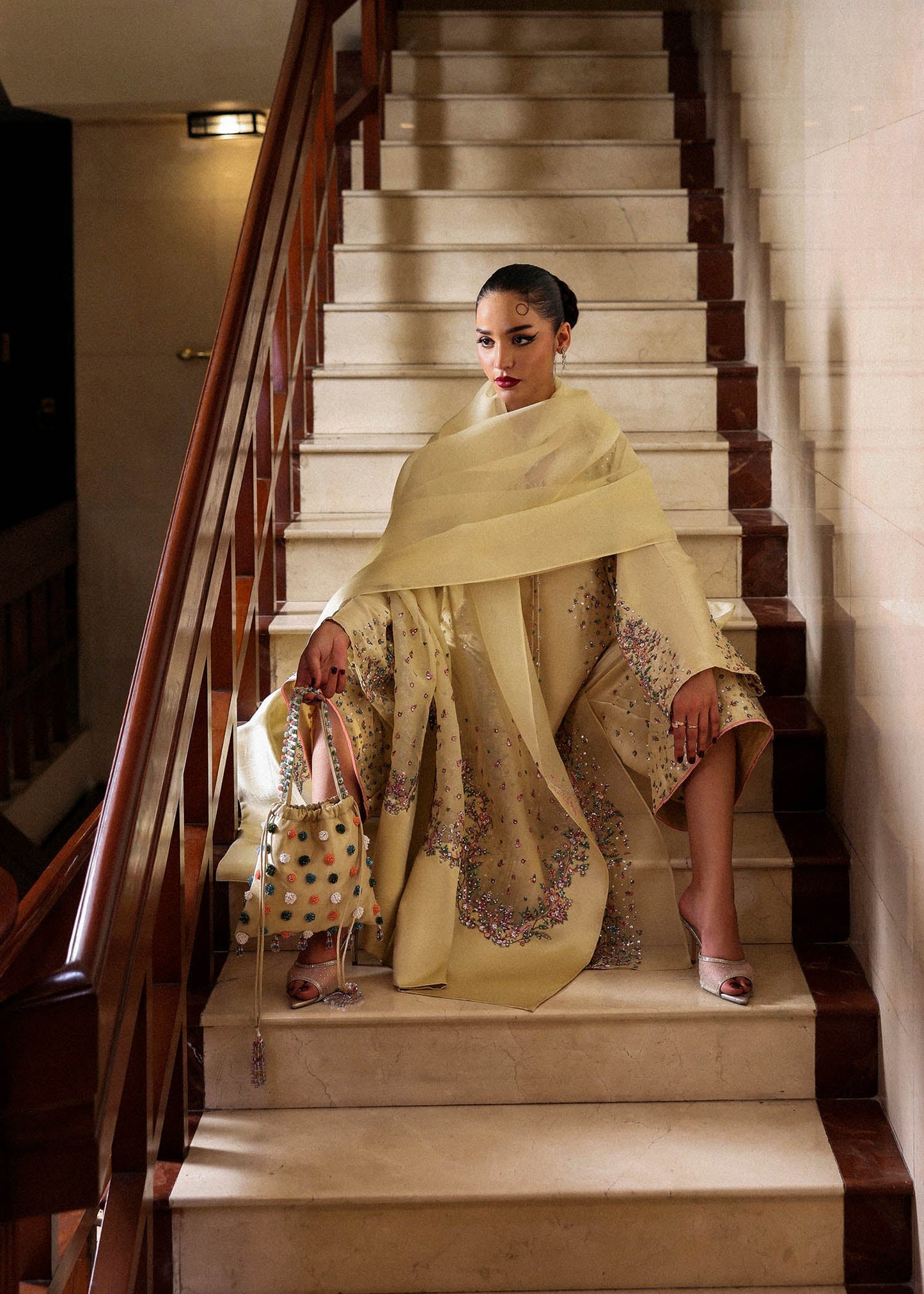 Hussain Rehar Ciel style — Mairaz butter yellow three-piece suit reference, view 3 of 7