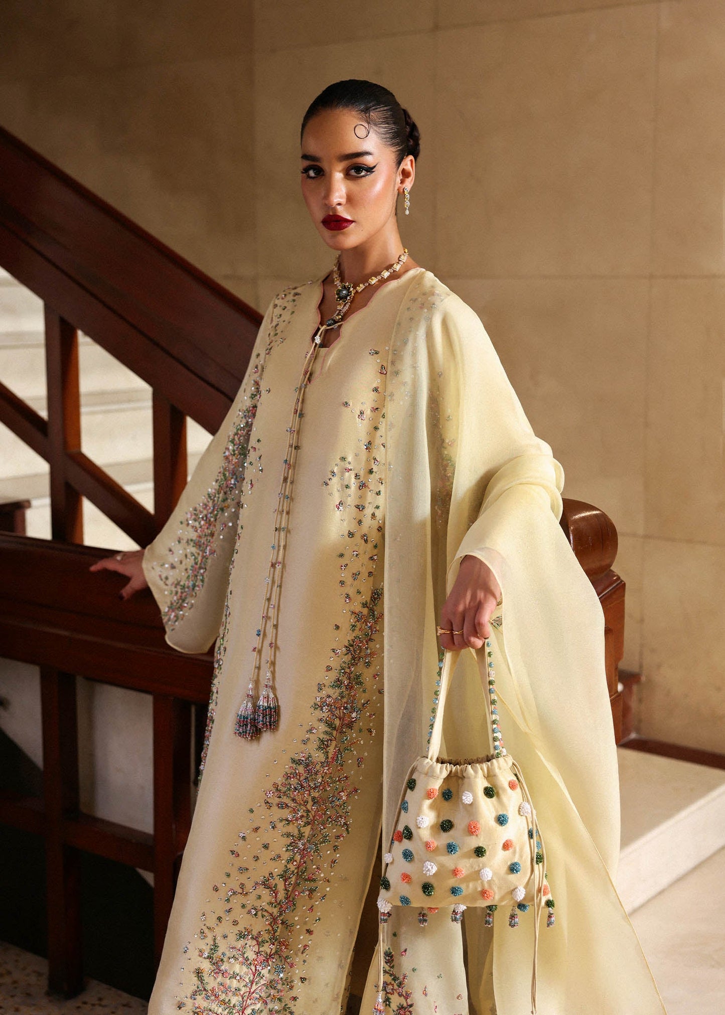 Hussain Rehar Ciel style — Mairaz butter yellow three-piece suit reference, view 6 of 7