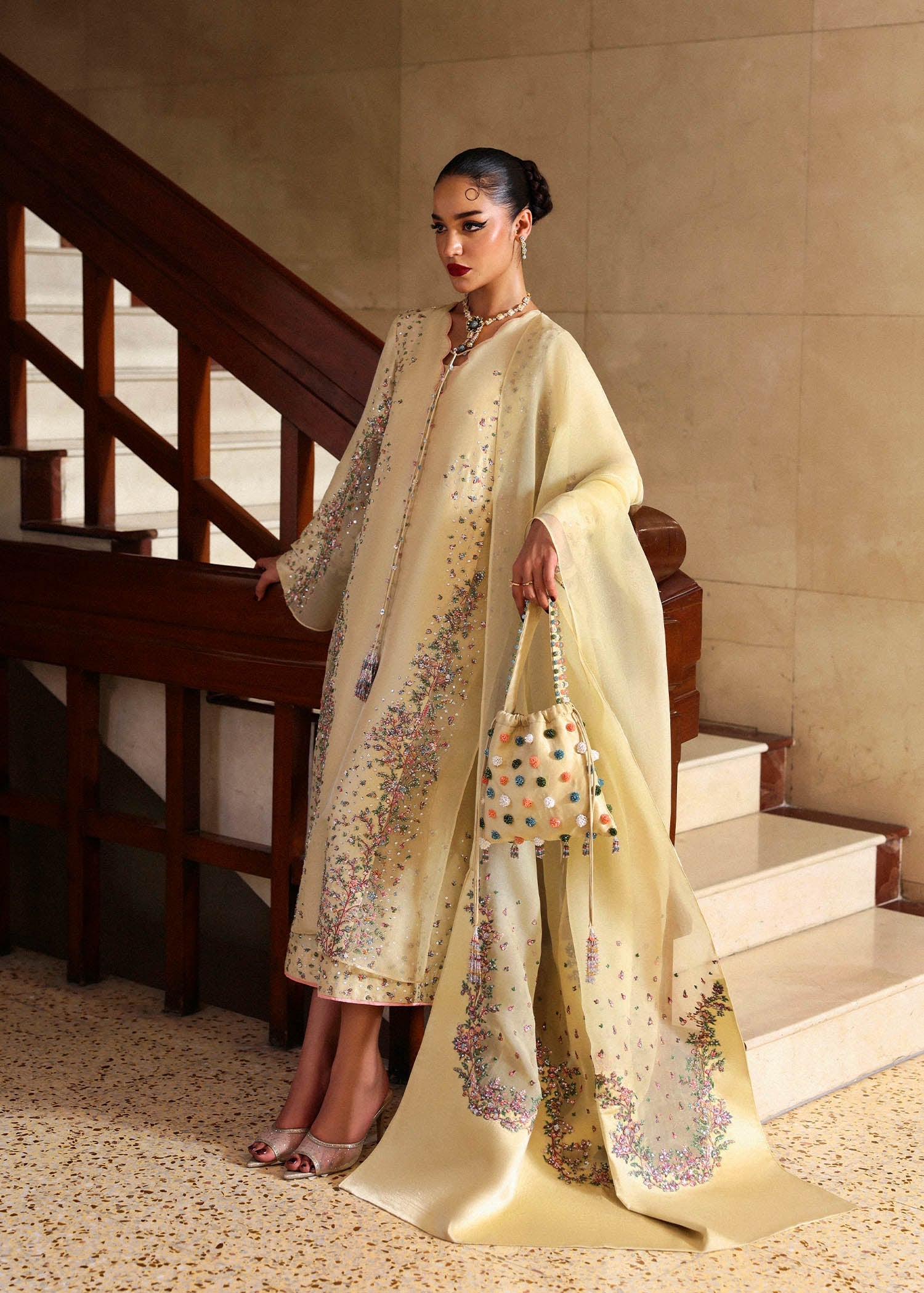 Hussain Rehar Ciel style — Mairaz butter yellow three-piece suit reference, view 2 of 7