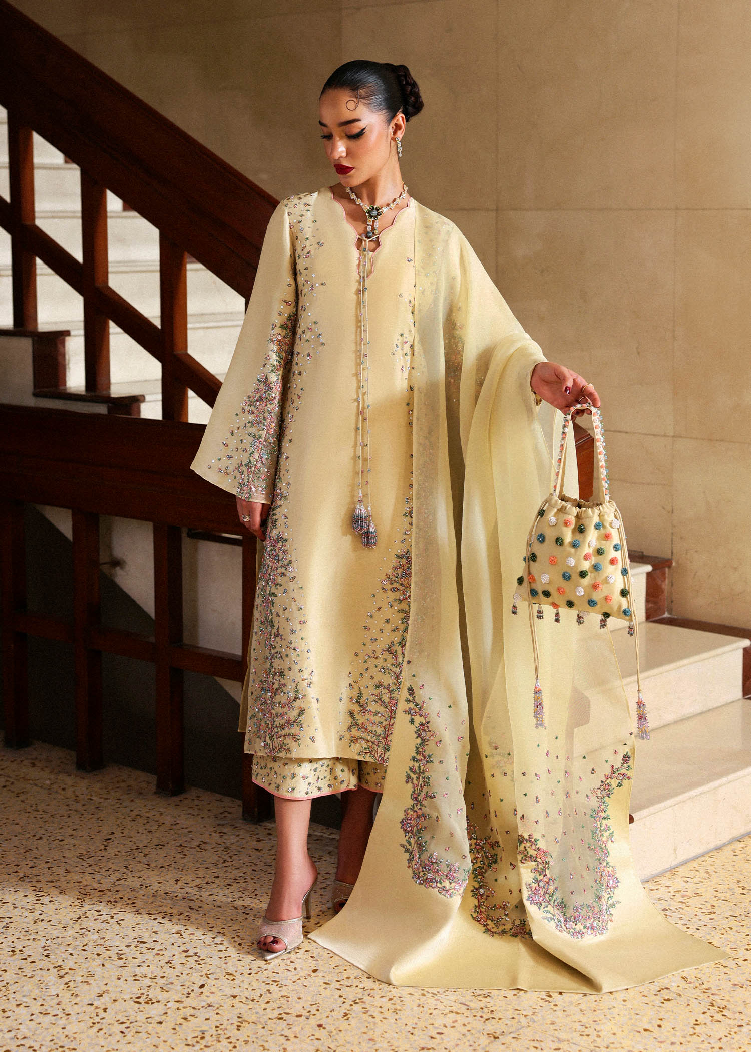 Hussain Rehar Ciel style — Mairaz butter yellow three-piece suit reference, view 1 of 7