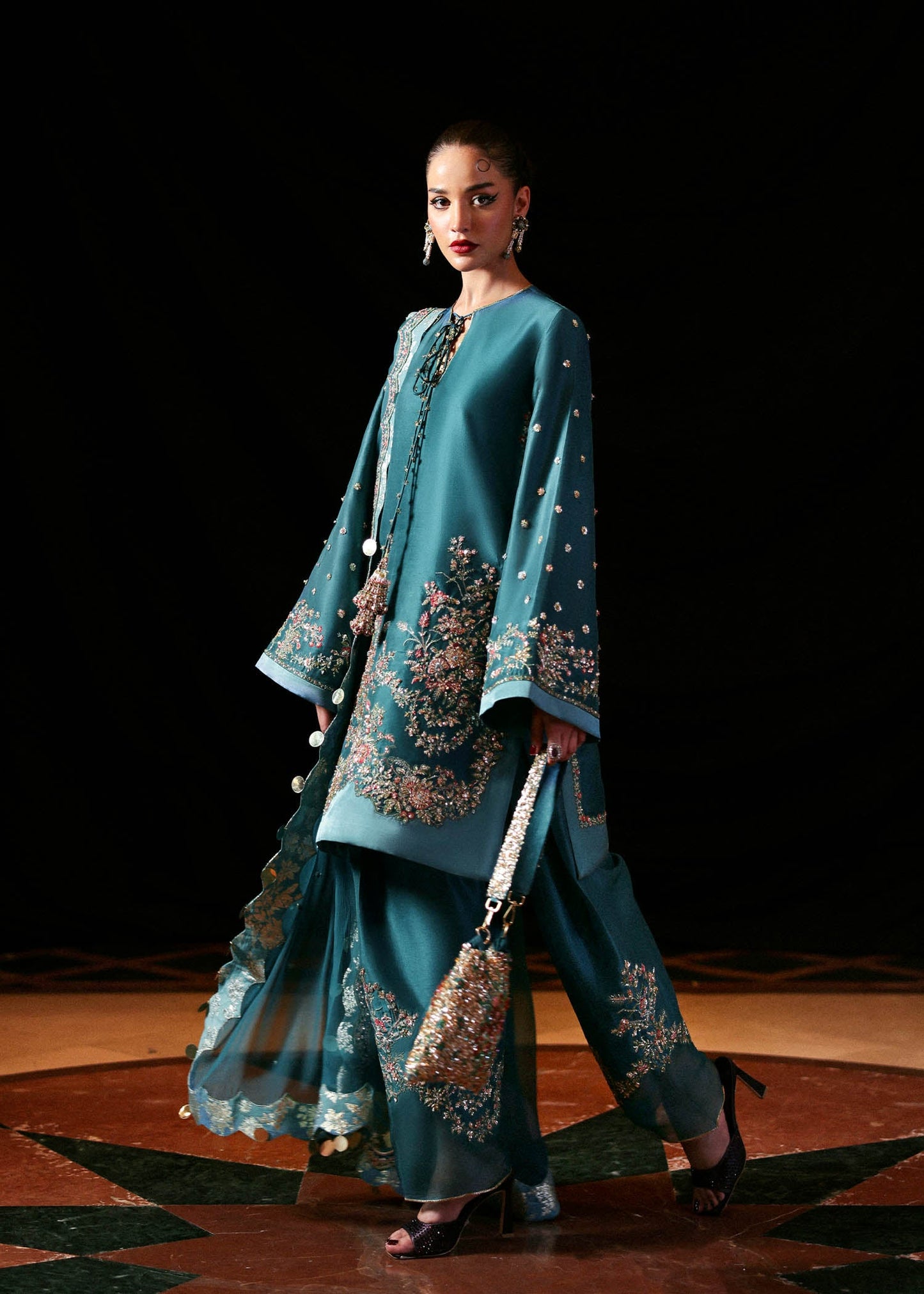 Hussain Rehar Verta style — Mairaz teal green three-piece suit reference, view 1 of 5