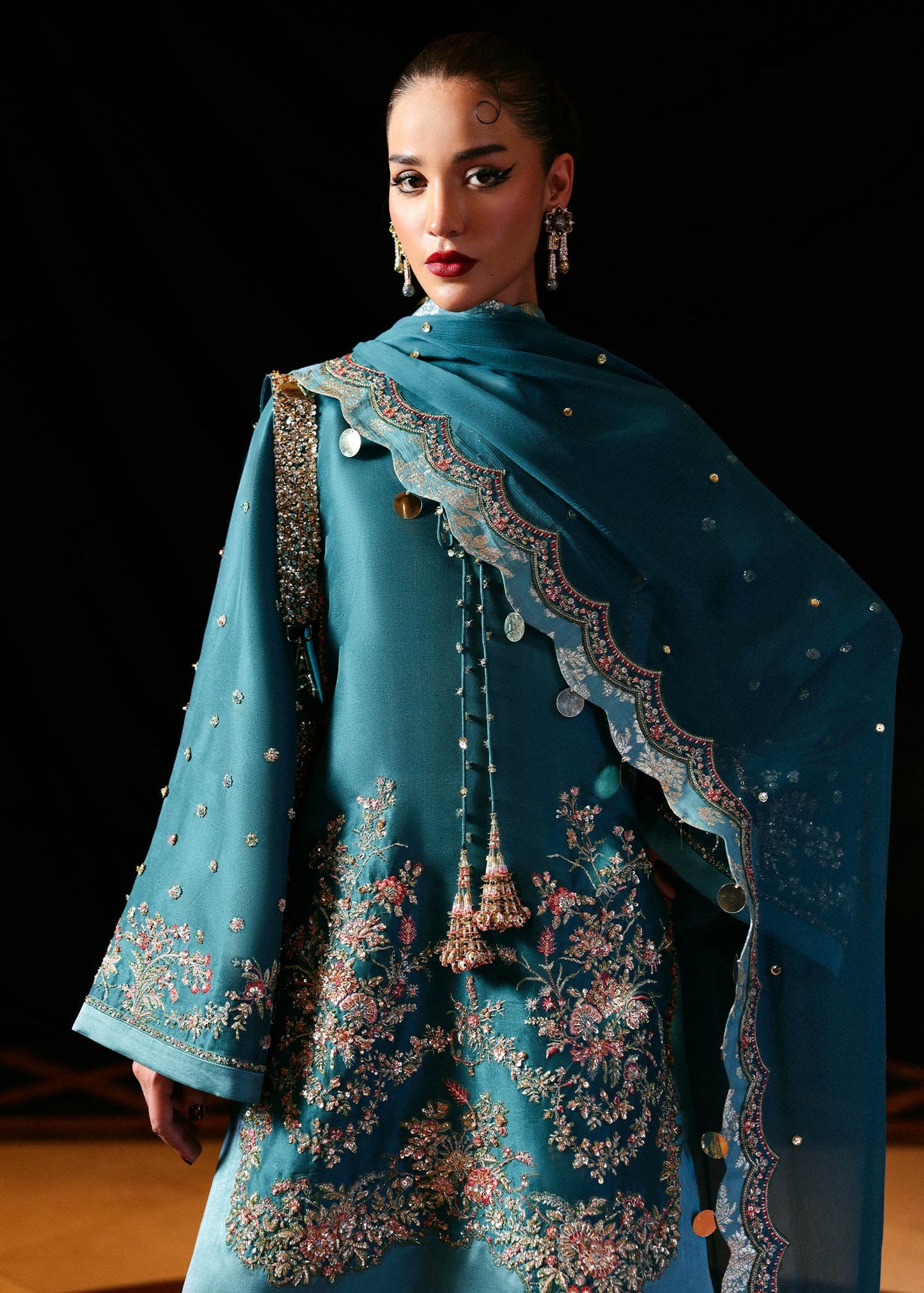 Hussain Rehar Verta style — Mairaz teal green three-piece suit reference, view 4 of 5