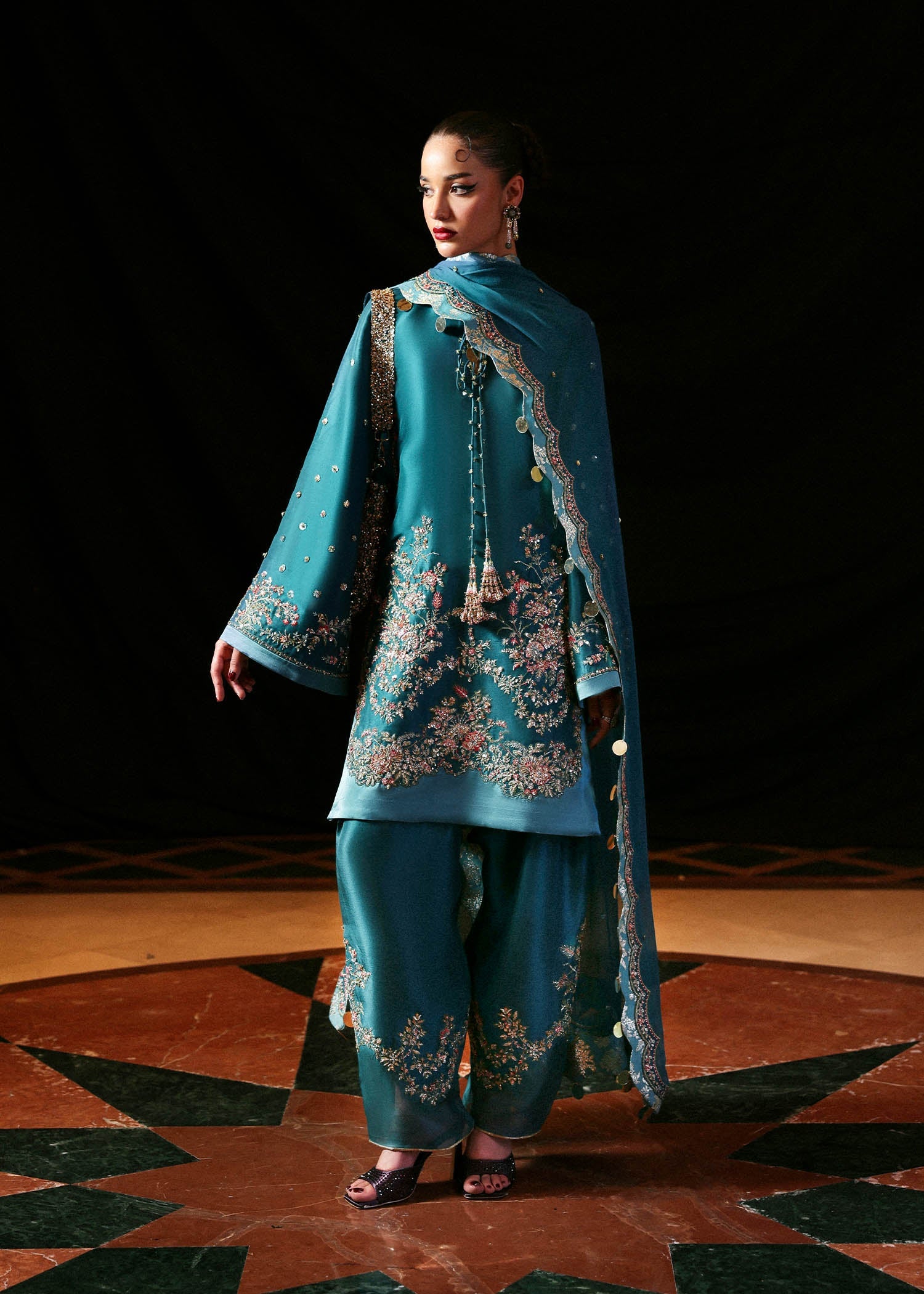 Hussain Rehar Verta style — Mairaz teal green three-piece suit reference, view 3 of 5