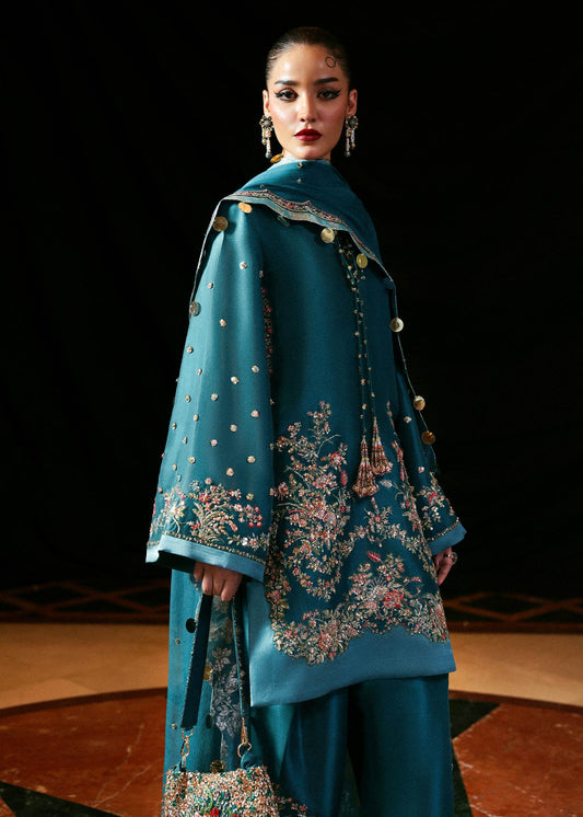 Hussain Rehar Verta style — Mairaz teal green three-piece suit reference, view 2 of 5