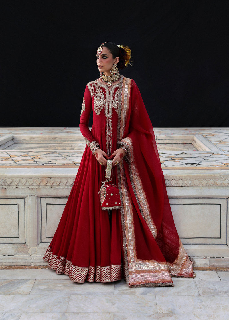 Dilrubah deep red embroidered pishwas with gold neckline work, full look