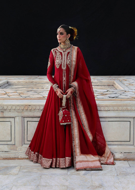 Dilrubah deep red embroidered pishwas with gold neckline work, full look