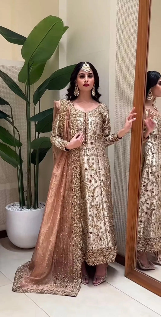 Zeeshan Danish Dilruba Style ivory gold embellished formal outfit with blush dupatta front view