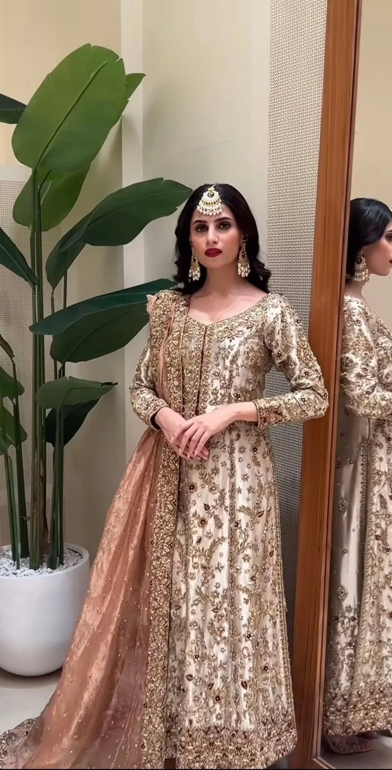 Zeeshan Danish Dilruba Style ivory gold long shirt with intricate handwork and blush dupatta