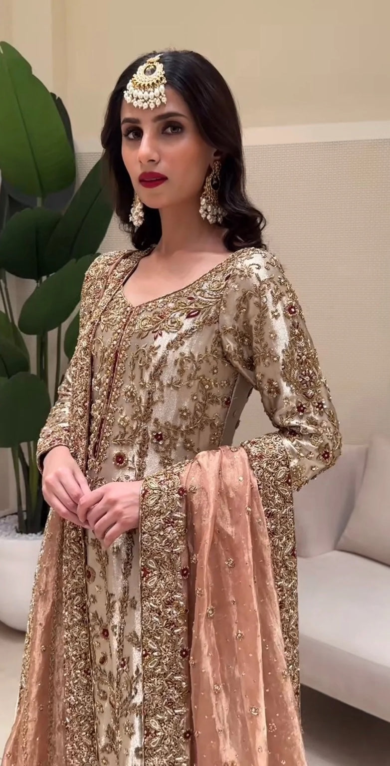 Zeeshan Danish Dilruba Style close-up ivory gold floral hand embellishment and blush dupatta